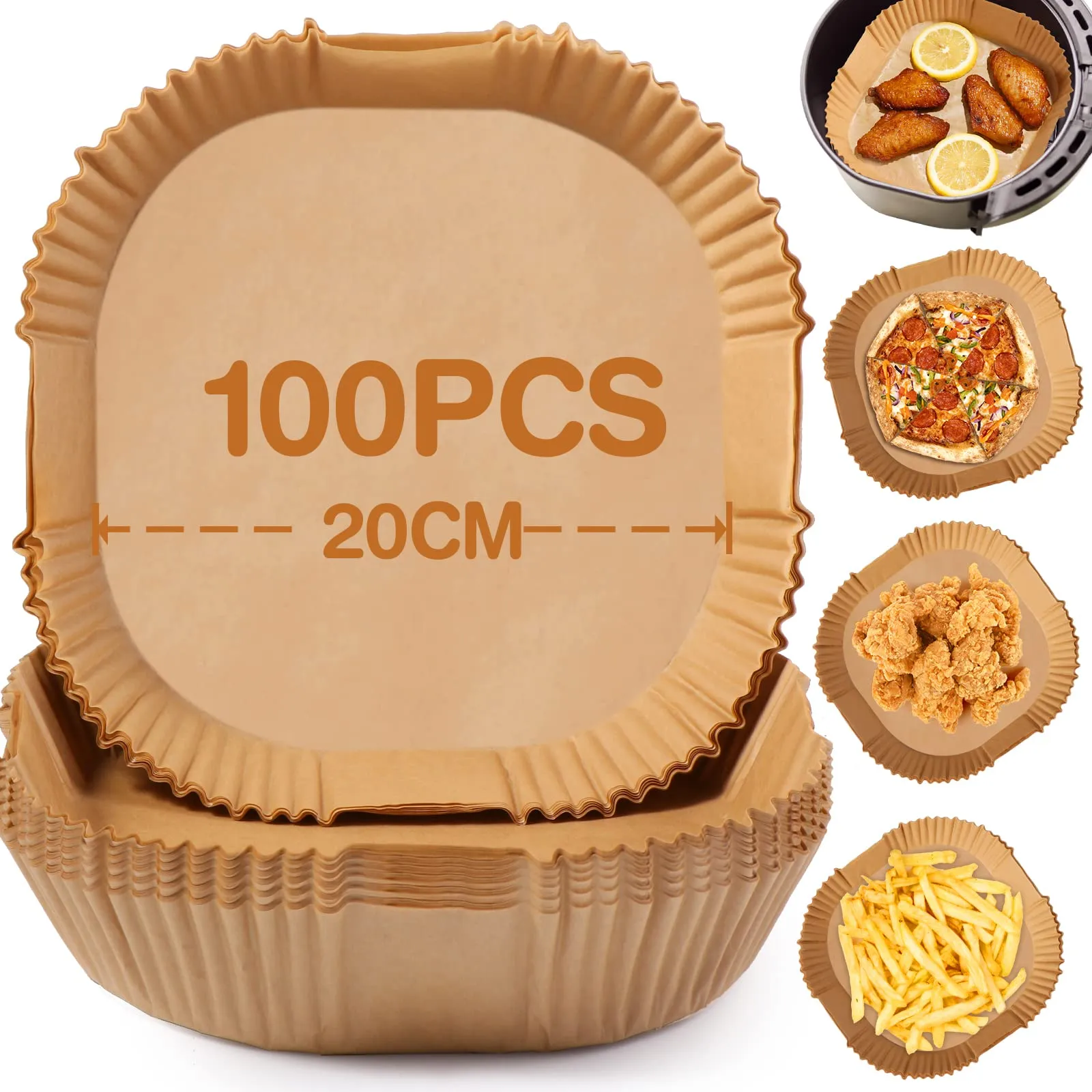 Diboniur Carta Forno per Friggitrice ad Aria 20cm, 100Pz Fogli per Friggitrice ad Aria, Antiaderente Usa e Getta Carta Forno per 5-8L Air Fryer, Forno, Padelle, Microonde (Quadrati)