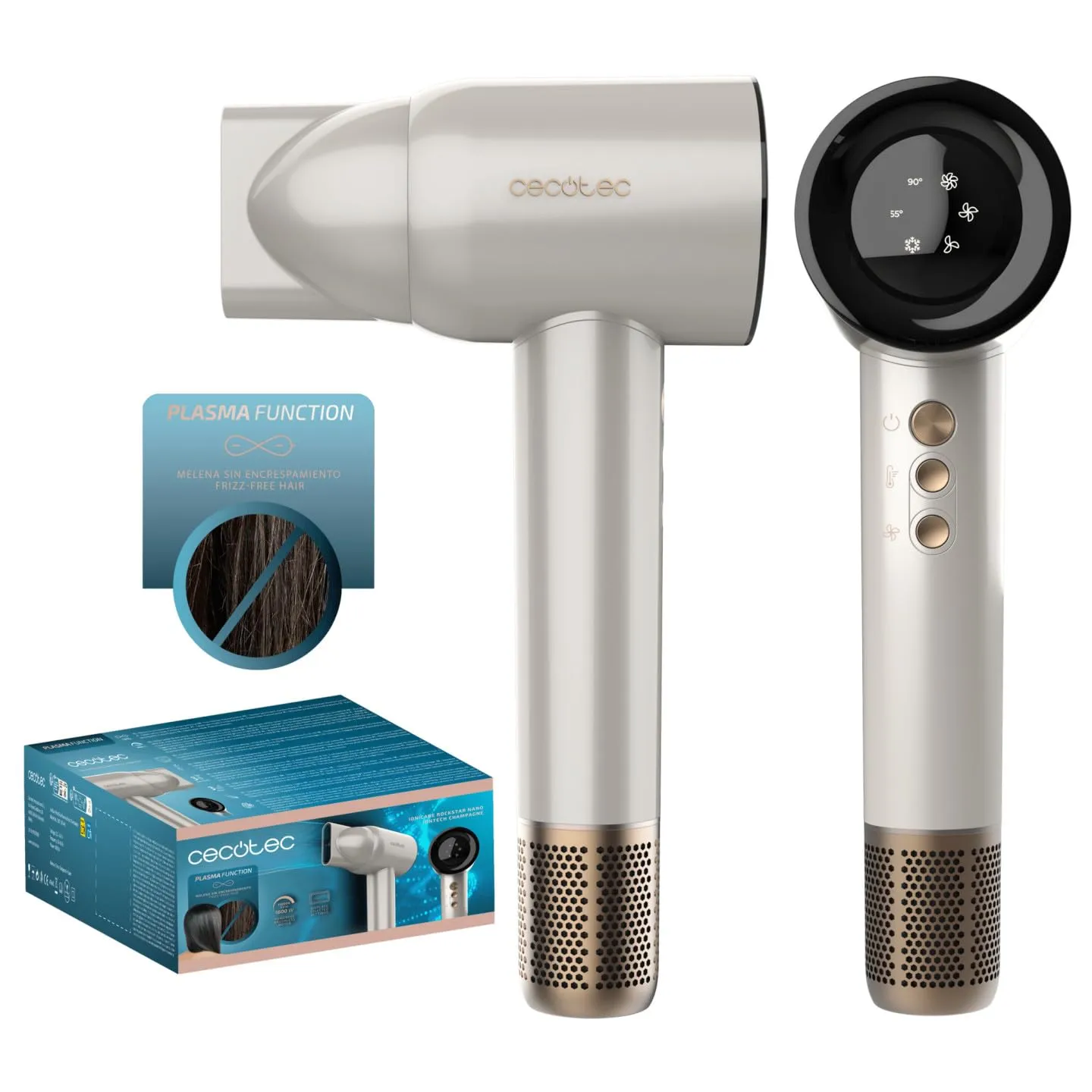 Cecotec Asciugacapelli Ionicare Rockstar Nano Iontech Champagne. Dc 2400W Con Motore Professionale, Tecnologia Ionica, Beccuccio Di Precisione, Diffusore, Funzione Aria Fredda E Pro Style