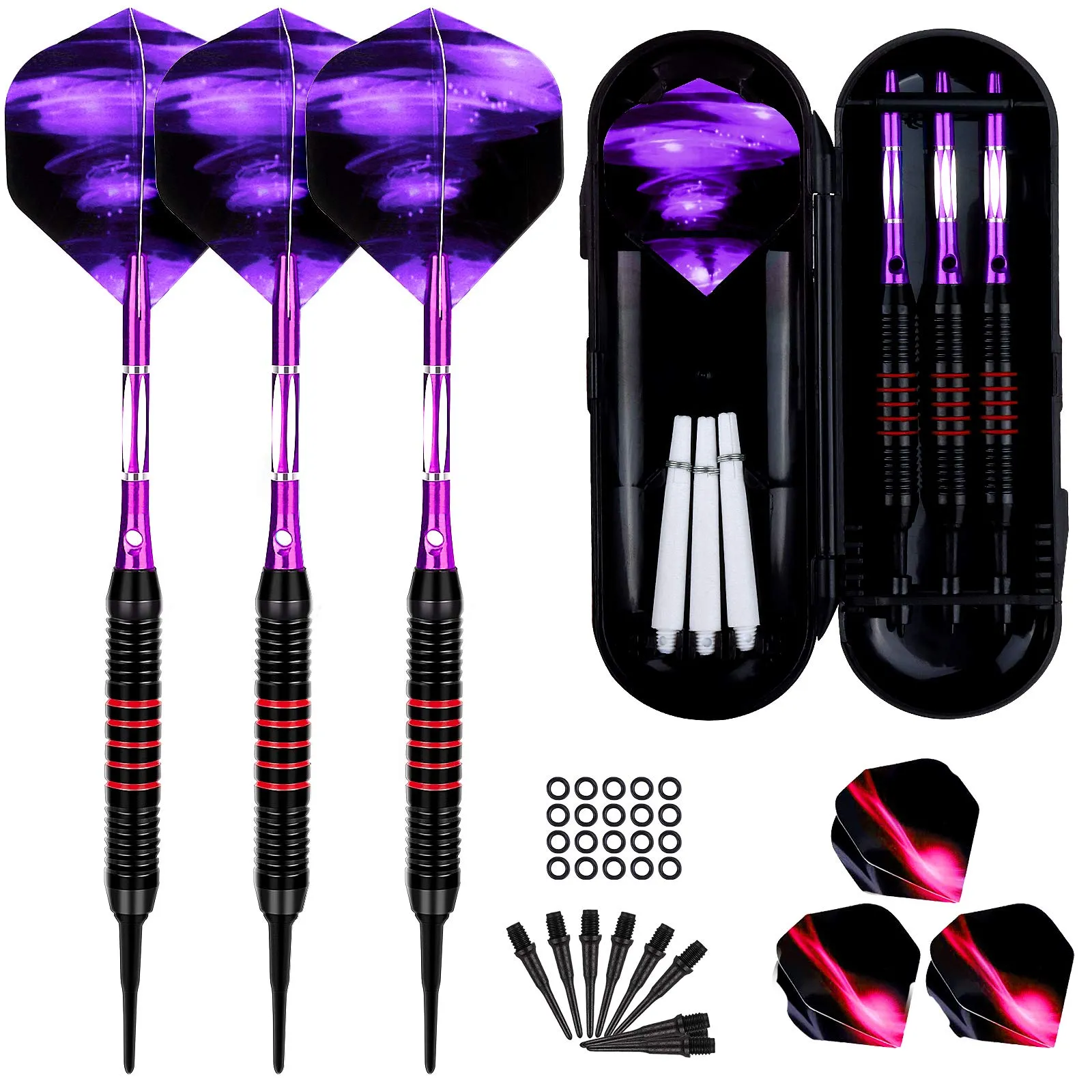 Freccette Professionali Punta Plastica 18g, Set di Freccette Elettronico per Bersaglio Elettronico con 6 Voli e 50 Punte Morbide di Freccette + 20 O-Anelli, Set di 3 Freccette Morbide (Viola)