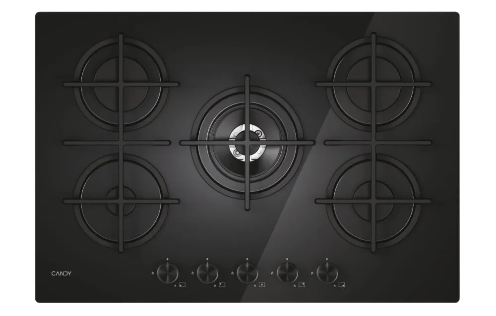 Candy Moderna Gas On Glass Piano Cottura a Gas 5 Fuochi, Vetro Temperato, Bruciatore a Doppia Corona, Griglie Lavabili in Lavastoviglie, AxLxP 0,8x74,5x51 cm, Nero - CVG74WTB