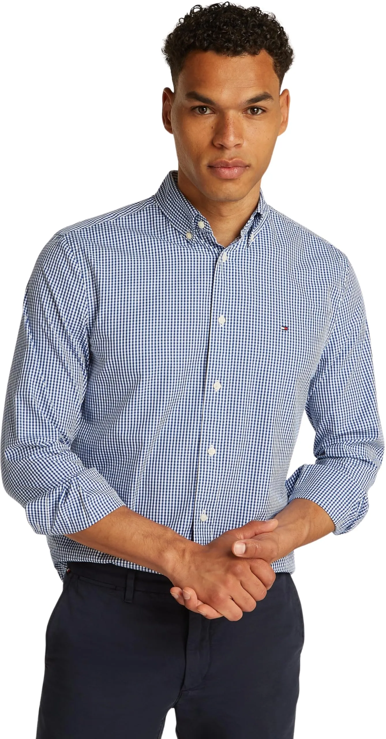 Tommy Hilfiger Uomo Camicia Flex Poplin Gingham Regular Fit, Multicolore (Wedge Blue/Optic White), S