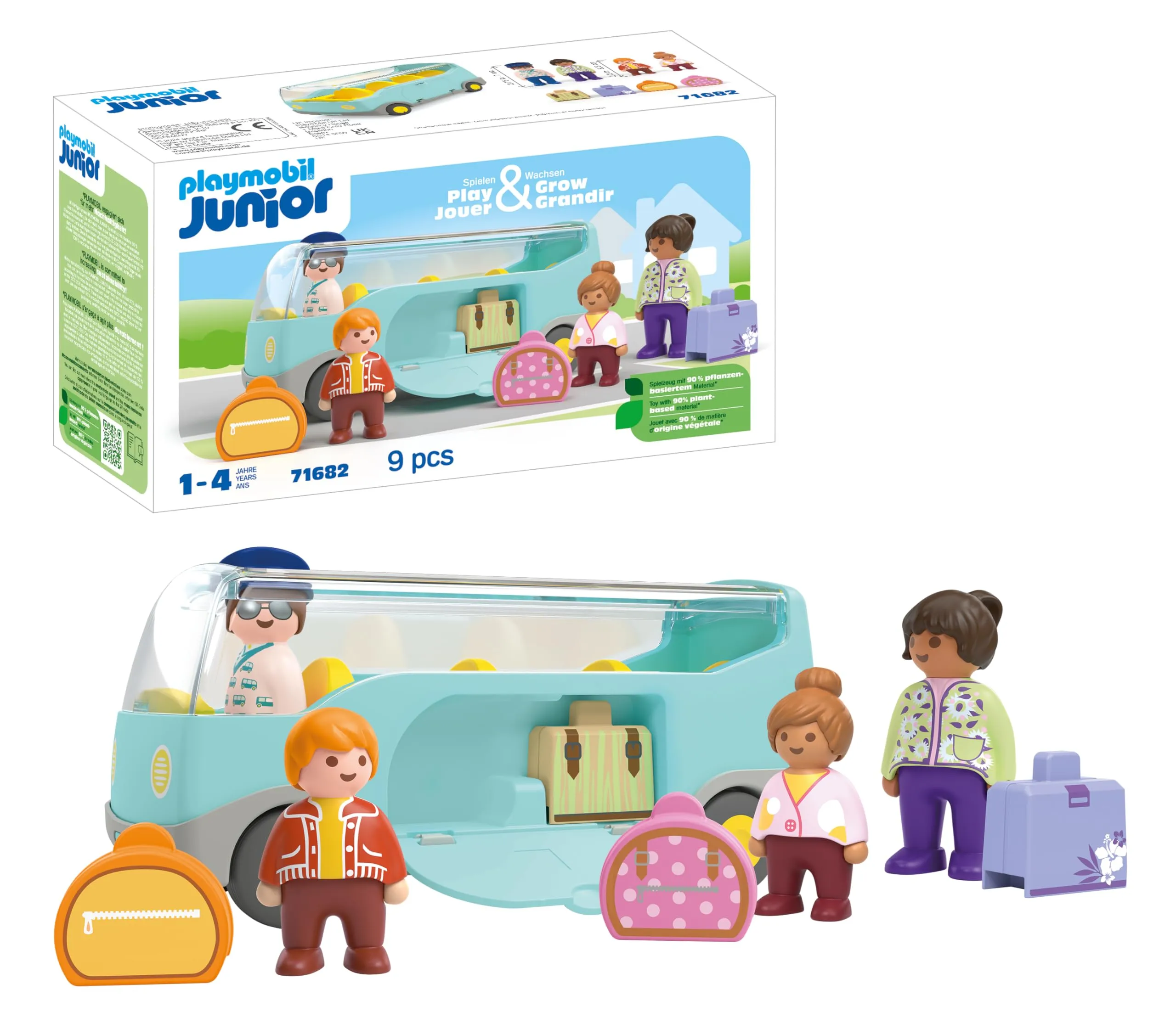 Playmobil Junior 71682 Autobus, inclusi bagagli e quattro personaggi, giocattolo sostenibile realizzato in plastica a base vegetale, giocattolo per bambini dai 12 mesi in su