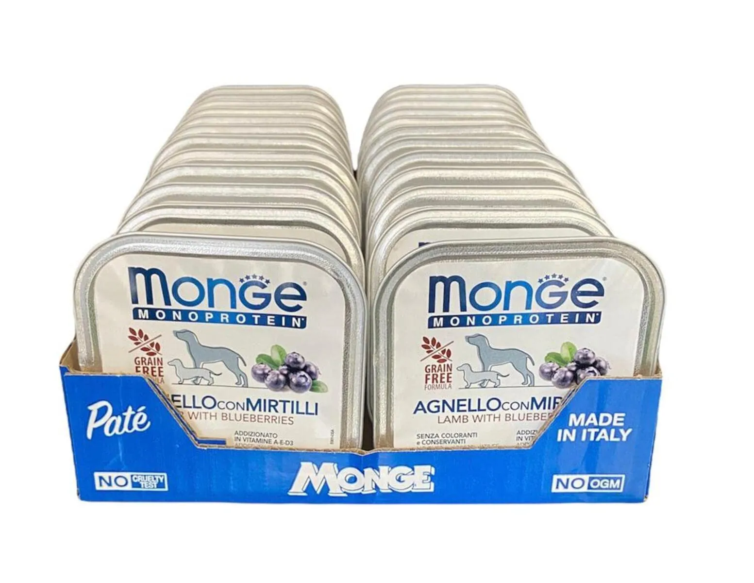 Monge Monoprotein Cibo umido per Cane, gusto Agnello con Mirtilli, senza coloranti, conservanti e zuccheri aggiunti. Confezione da 24 vaschette (1 = 150gr.)