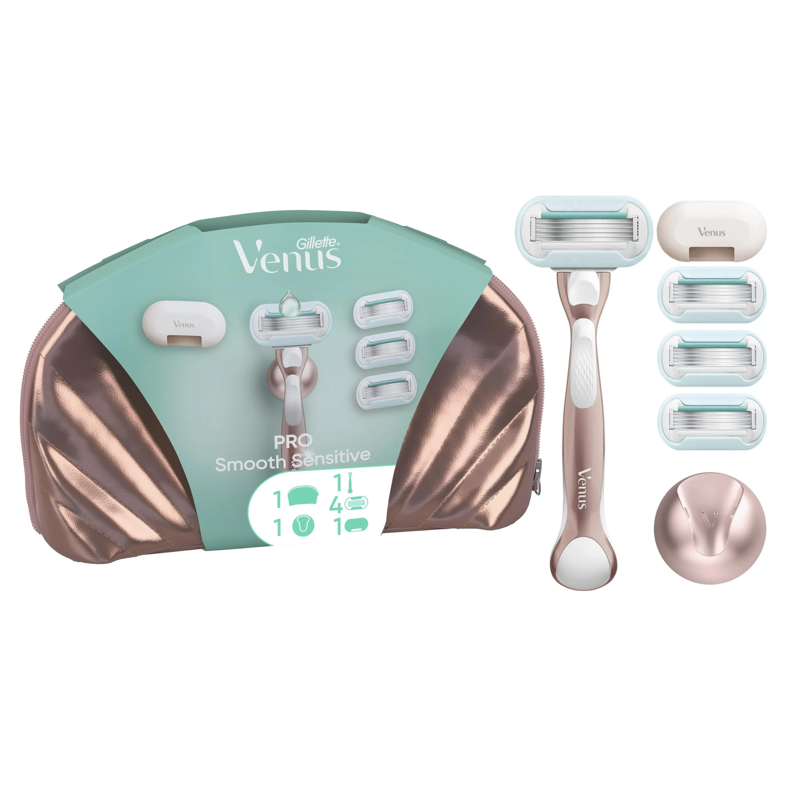 Gillette Venus Pro Smooth Sensitive Rasoio Donna A 5 Lame Per Pelli Sensibili Con 4 Lamette Donna Di Ricambio Gillette Venus, Manico In Metallo Riutilizzabile E Gancio Per La Doccia