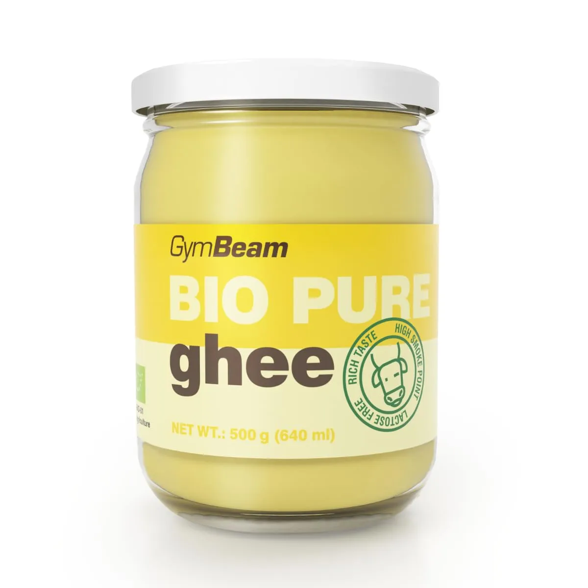 GymBeam - Ghee Puro BIO - Burro Chiarificato Senza Lattosio - Sostituto di Burro o Olio, Alta Qualità, Punto di Fumo 250°C, Lunga Conservazione, Non Refrigerato, Gusto Intenso, 500 g