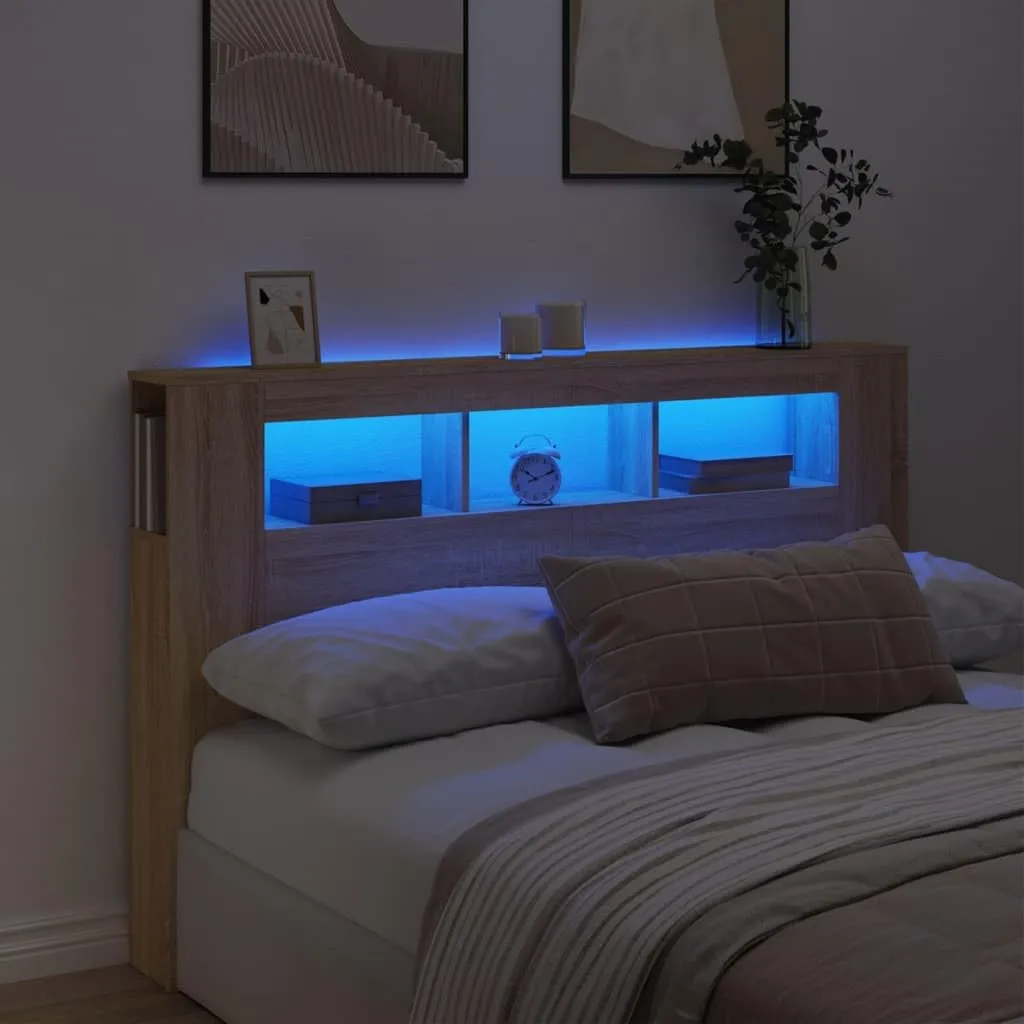 vidaXL Testiera LED Rovere Sonoma 160x18,5x103,5 cm Legno Multistrato, testiera LED, testata con LED, testiera con ripiani, testiera con LED
