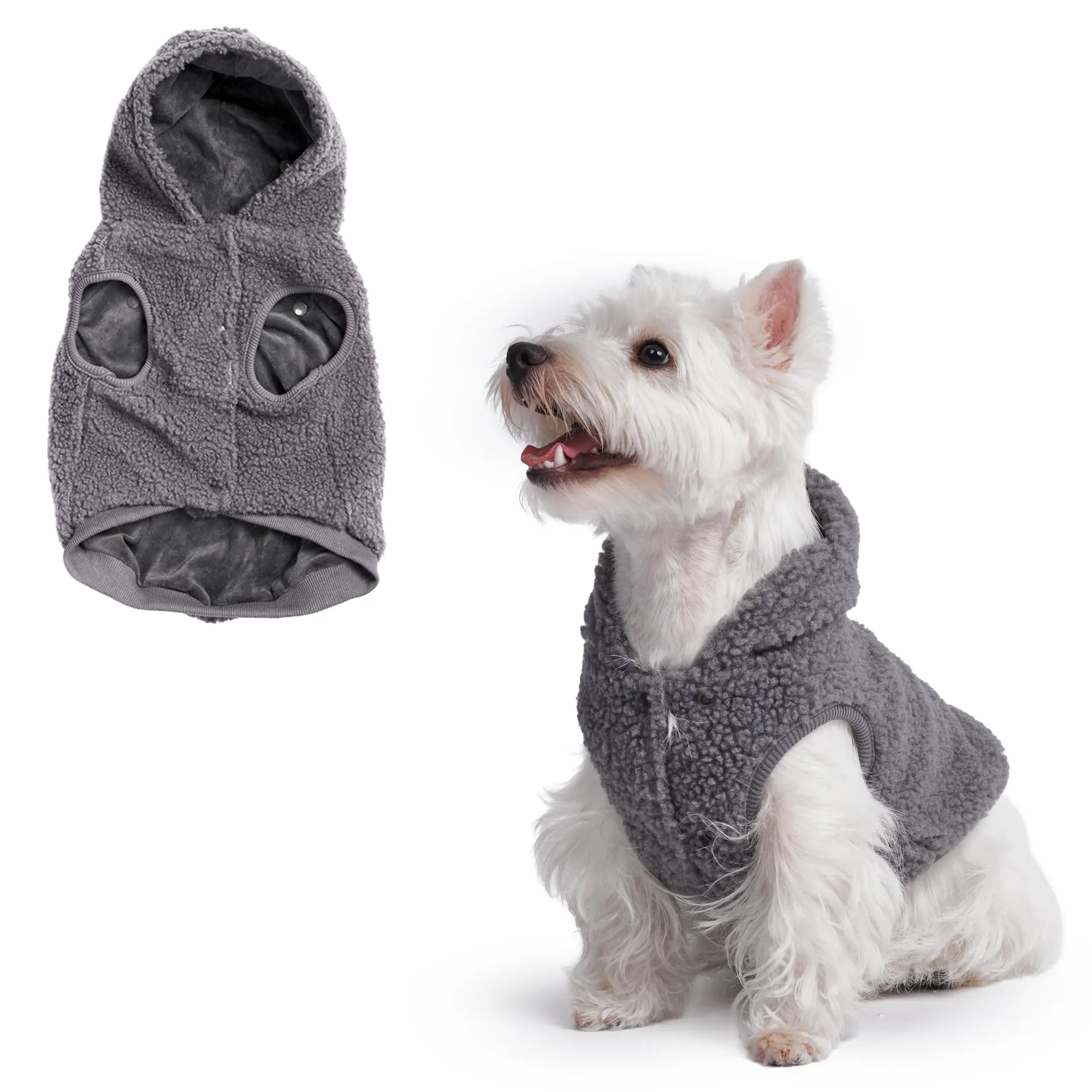 Spark Paws Maglione per cani con orsacchiotto, in pile Sherpa, con cappuccio e fodera in caldo pile, cappotto invernale adatto per razze S, M, L, XL, XXL, grigio, S