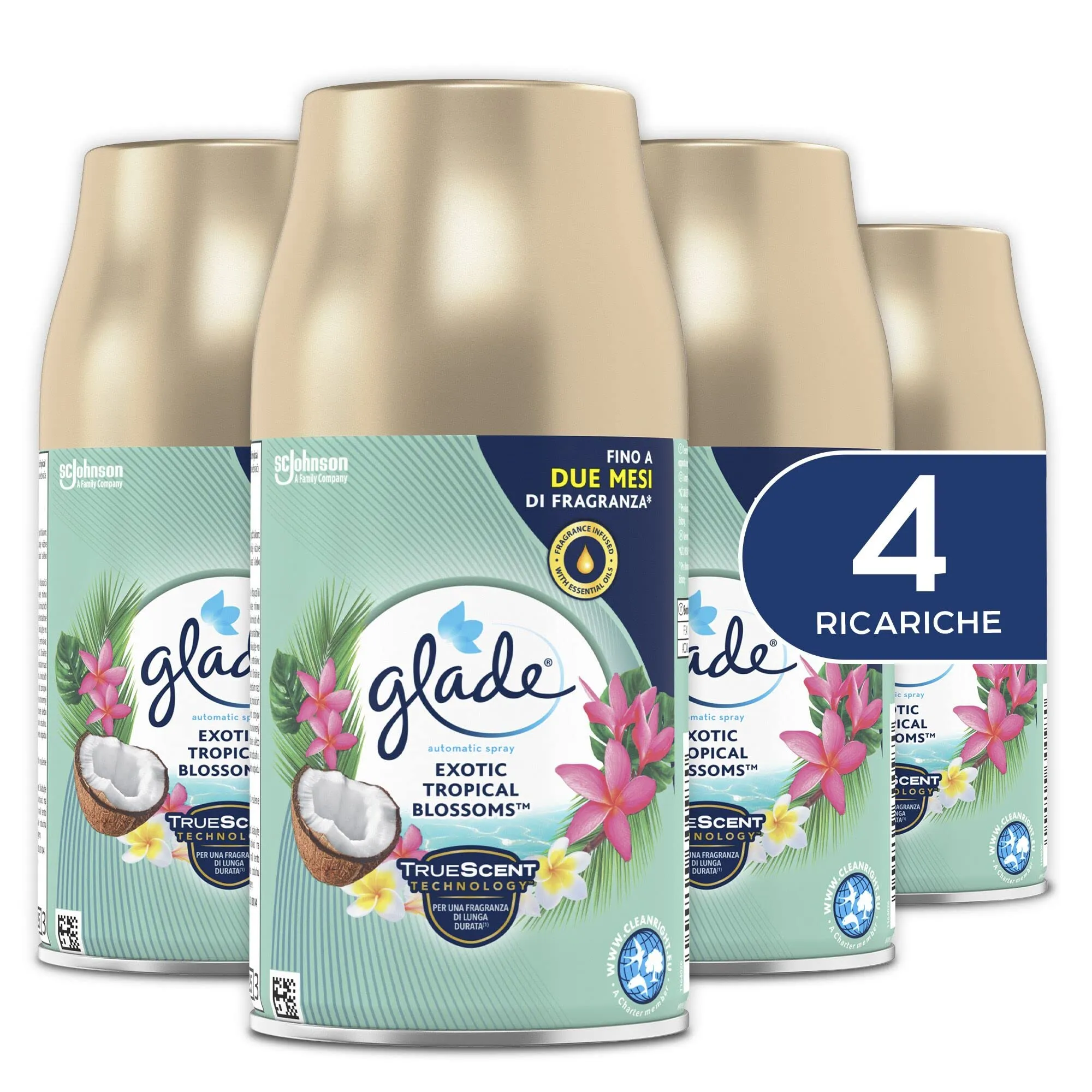 Glade Automatic Spray Ricarica, Profumatore per Ambienti, Fragranza Exotic Tropical Blossom, Formato Scorta da 4 Ricariche da 269 ml