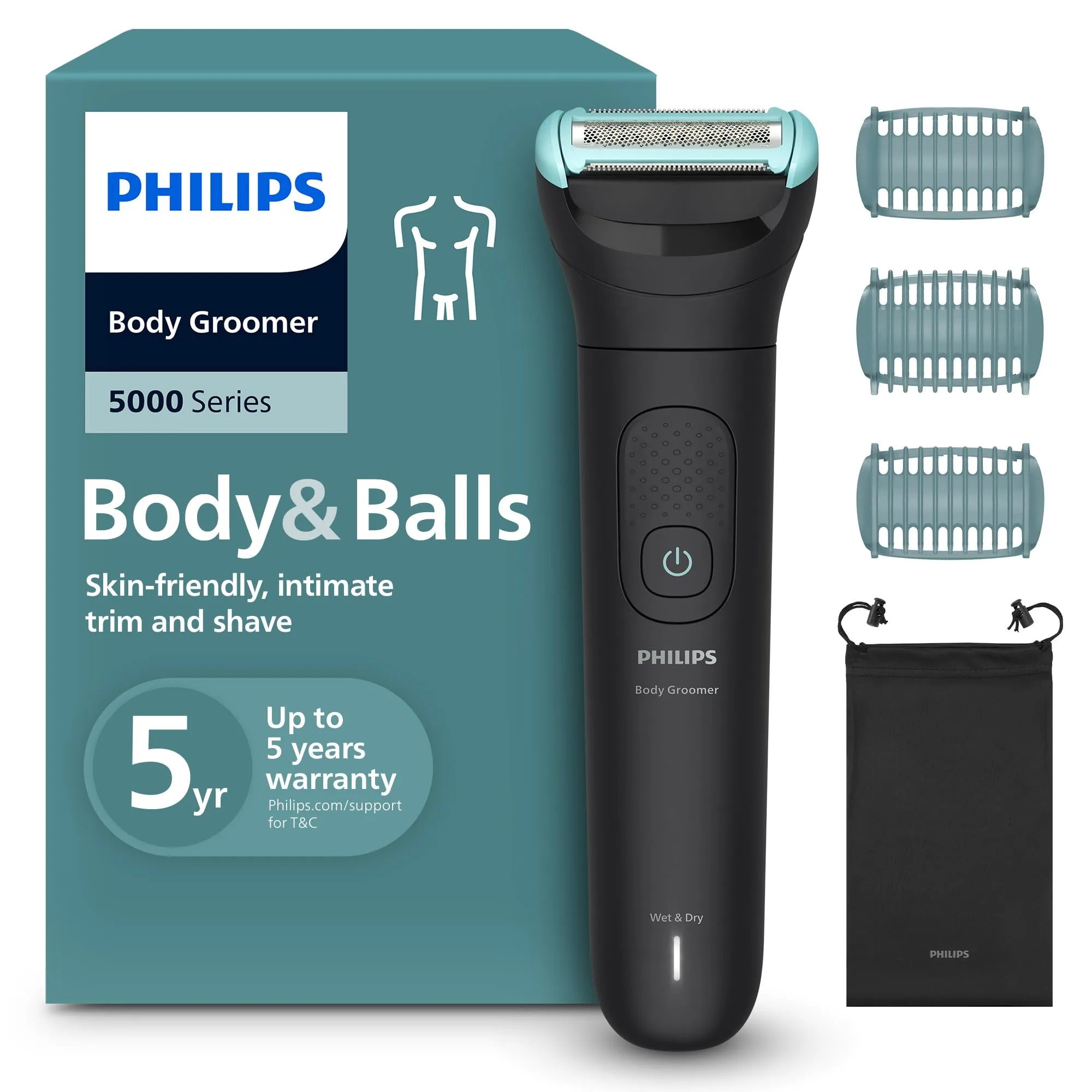 Philips Bodygroom Serie 5000 - Rifinitore per uomo con Sistema a tripla protezione, Rifinitura e rasatura intima, Impermeabile al 100%, 100 minuti di autonomia, Modello BG5470/15