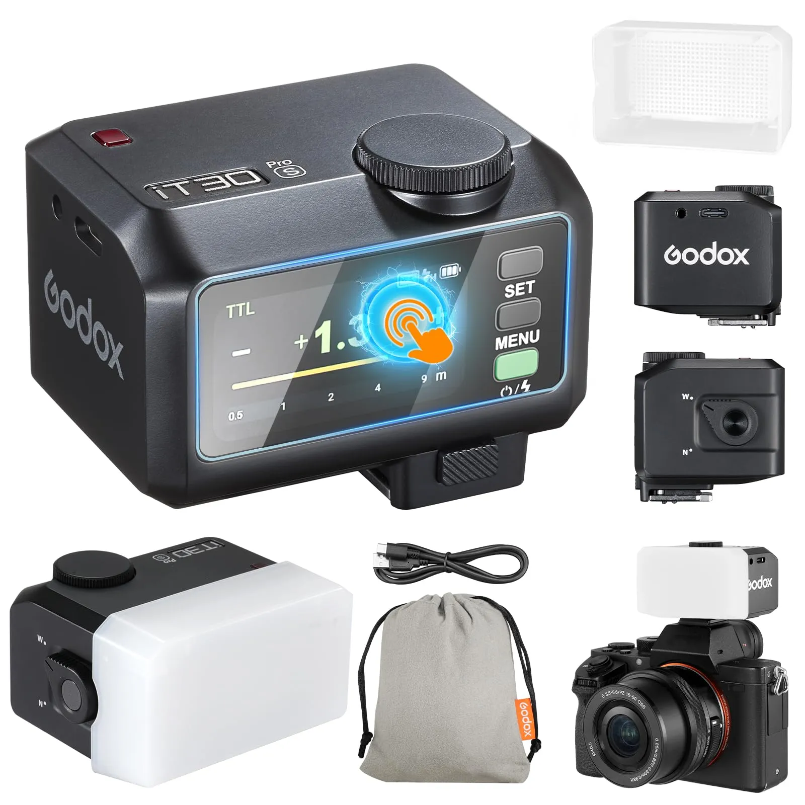 Godox iT30Pro-S iT30Pro S Mini Flash della Fotocamera con Diffusore Bianco Speedlite Camera Flash 560 Flash a Piena Potenza 2,4G Wireless Master & Receiver GN15 TTL 1/8000s para Sony DSLR(nero)