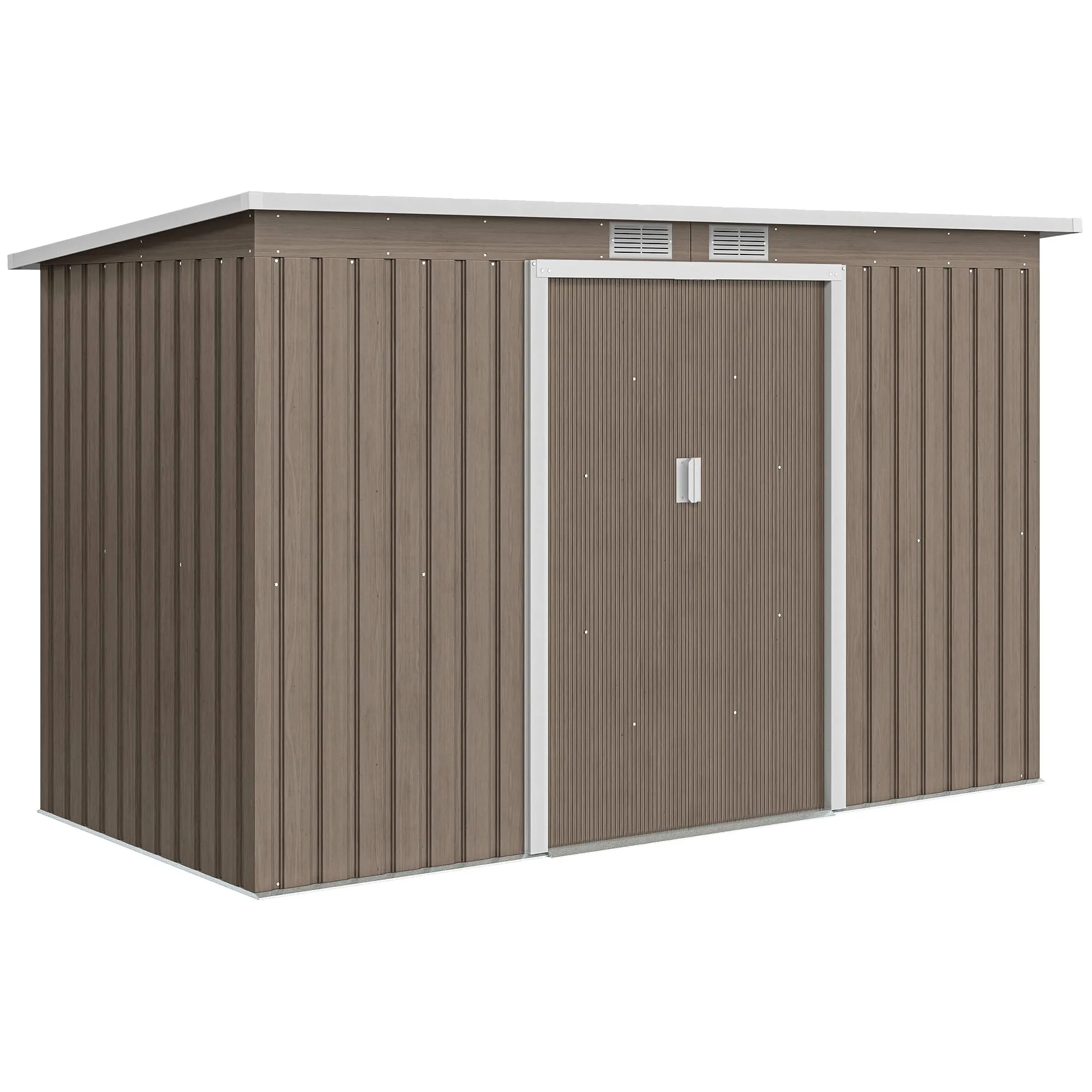 Outsunny Casetta da Giardino 3.2m² in Acciaio Zincato con Kit Fondazione, Prese d'Aria, Capanno Porta Attrezzi con Tetto Inclinato, Doppia Porta Scorrevole Bloccabile, Grigio Effetto Legno