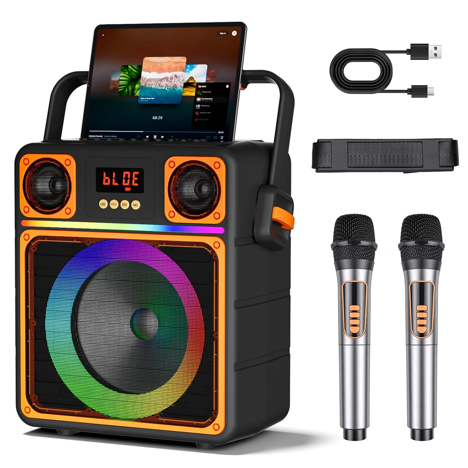 Karaoke con 2 Microfoni Senza Fili, Altoparlante Portatile Bluetooth con Luci LED, Professionale Completo Karaoke per Adulti, Casse Karaoke con Microfono Supporto TWS/USB/TF/AUX/FM, per Home Party