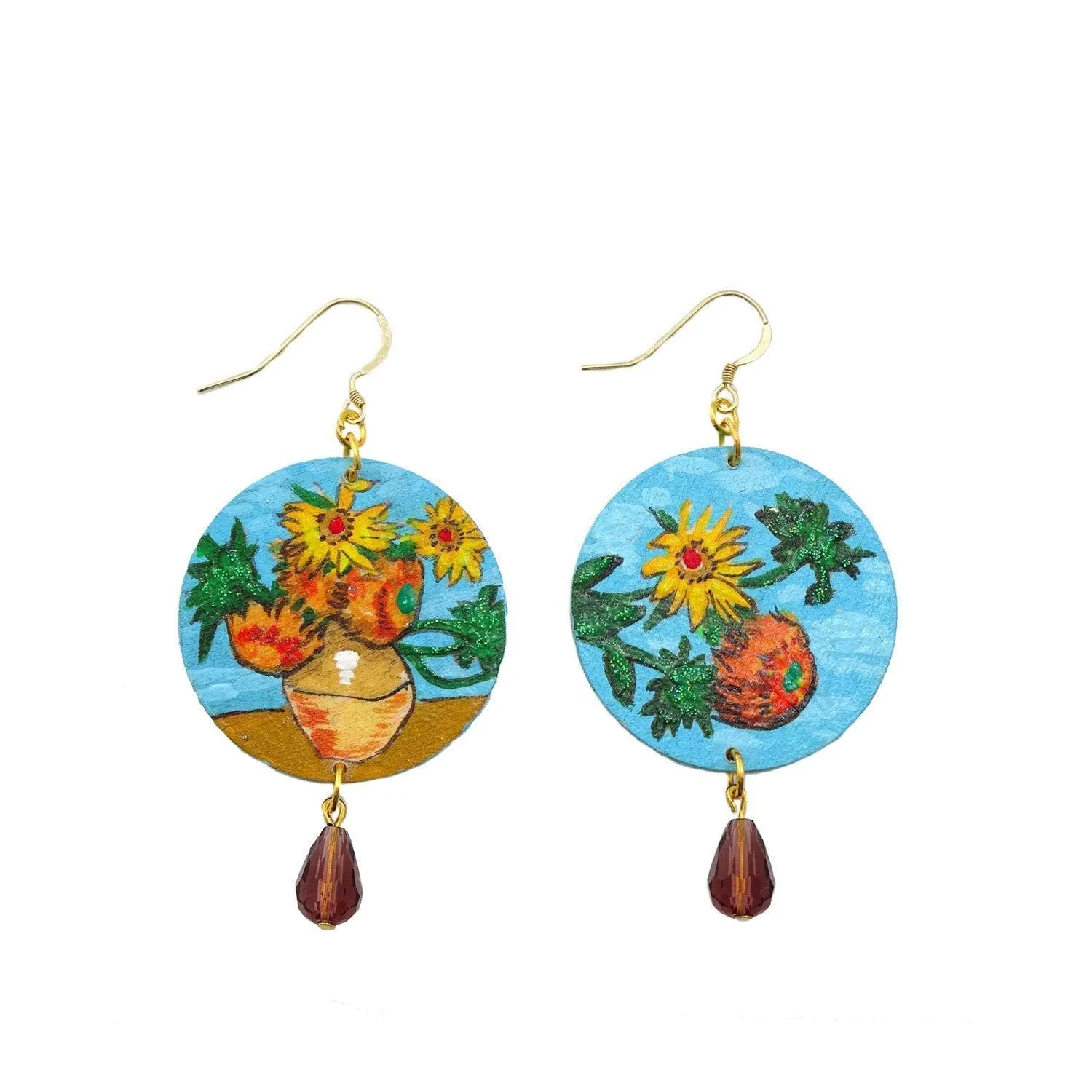 Orecchini dipinti a mano – I GIRASOLI DI VAN GOGH - Orecchini da donna, Gioielli in legno dipinti a mano, Gancio in argento, Made in Italy, Bijoux decorati, Lavorazione Artigianale