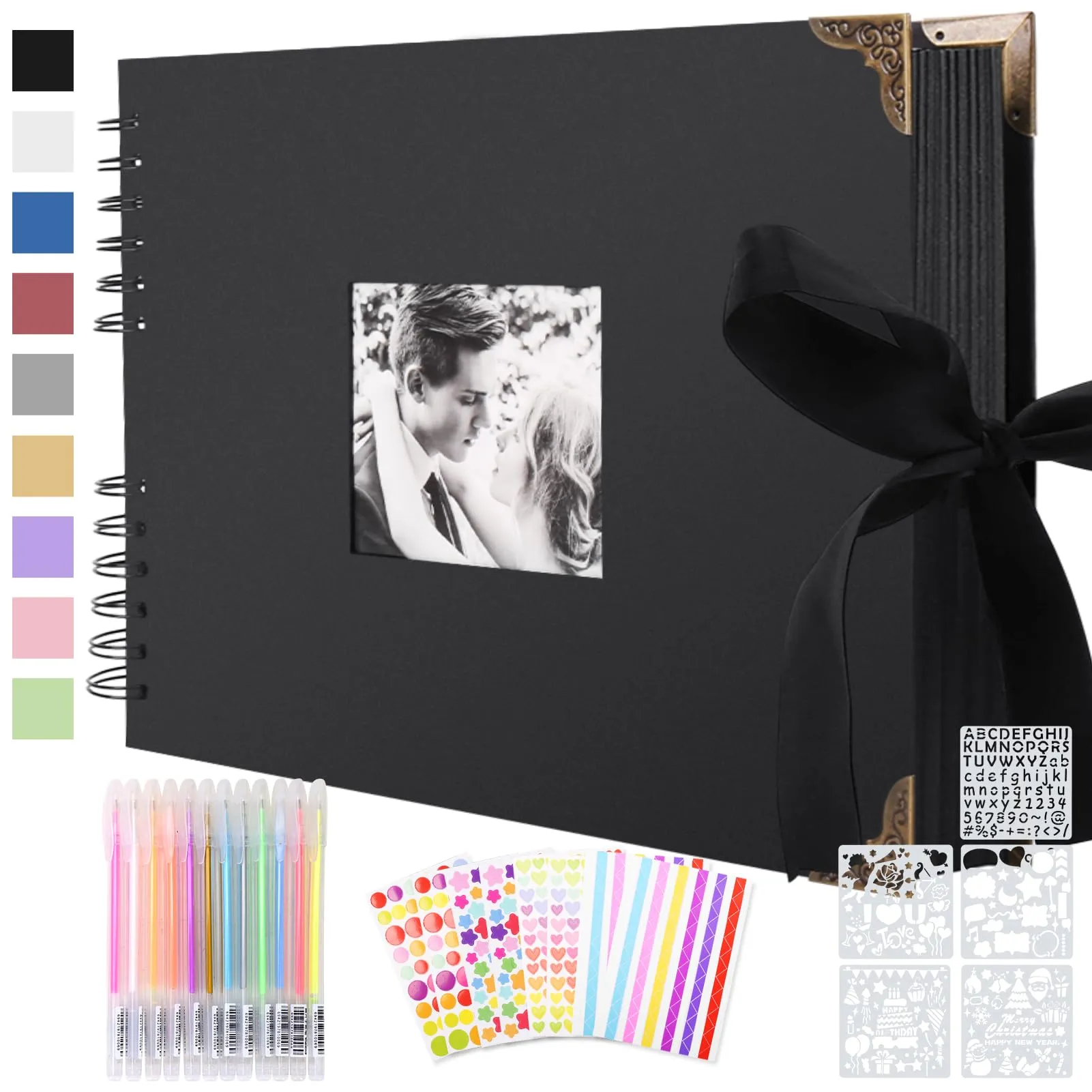 Album Fotografico Personalizzabile per Scrapbooking a Spirale, Album Foto Fai da Te, 80 Pagine Nere, 2 Angoli per Foto, 6 Adesivi, 5 Stencil, 12 Pennarelli Colorati, per Anniversario di Matrimonio