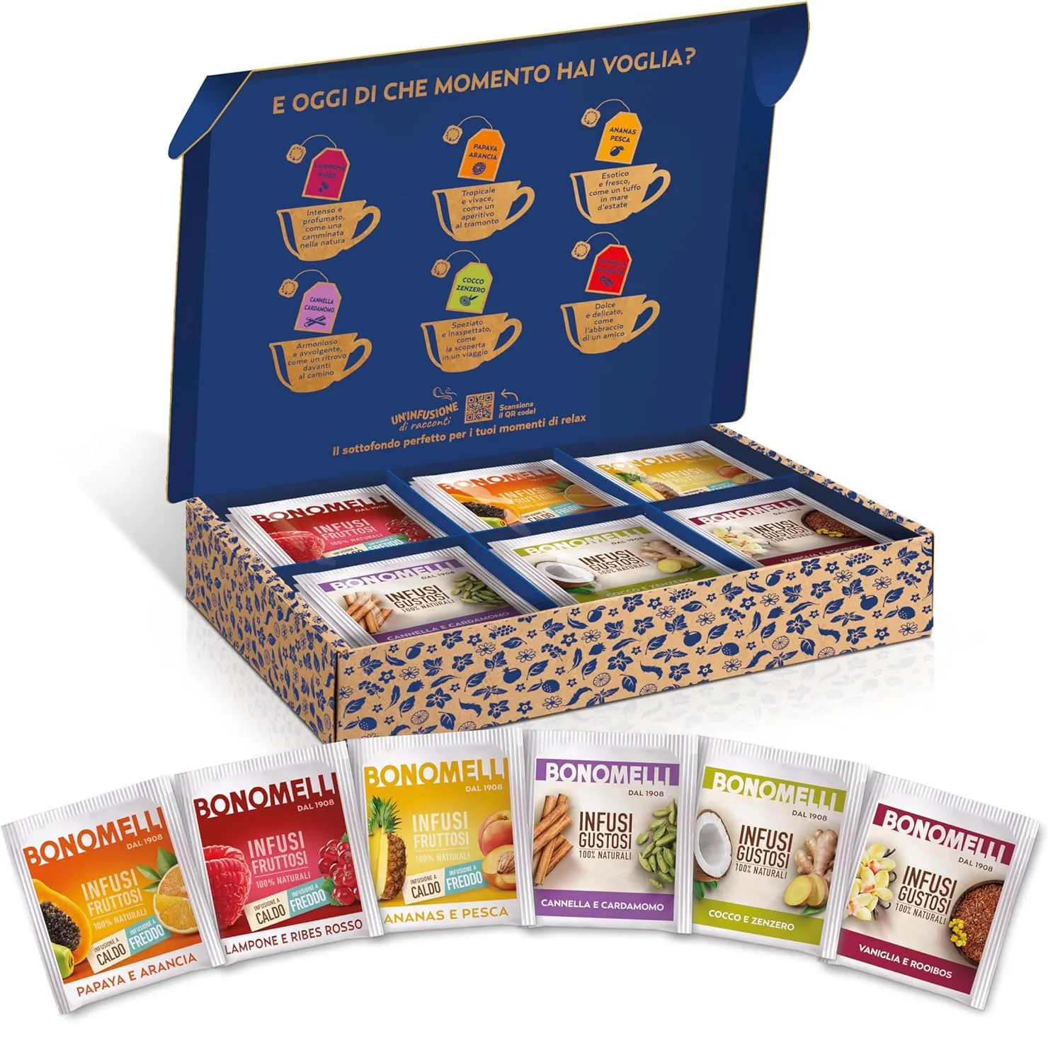 Bonomelli - Box Mix Infusi, 36 Bustine. 3 Gusti Infusi Fruttosi e 3 Gusti Infusi Gustosi. Perfetto come Idea Regalo.