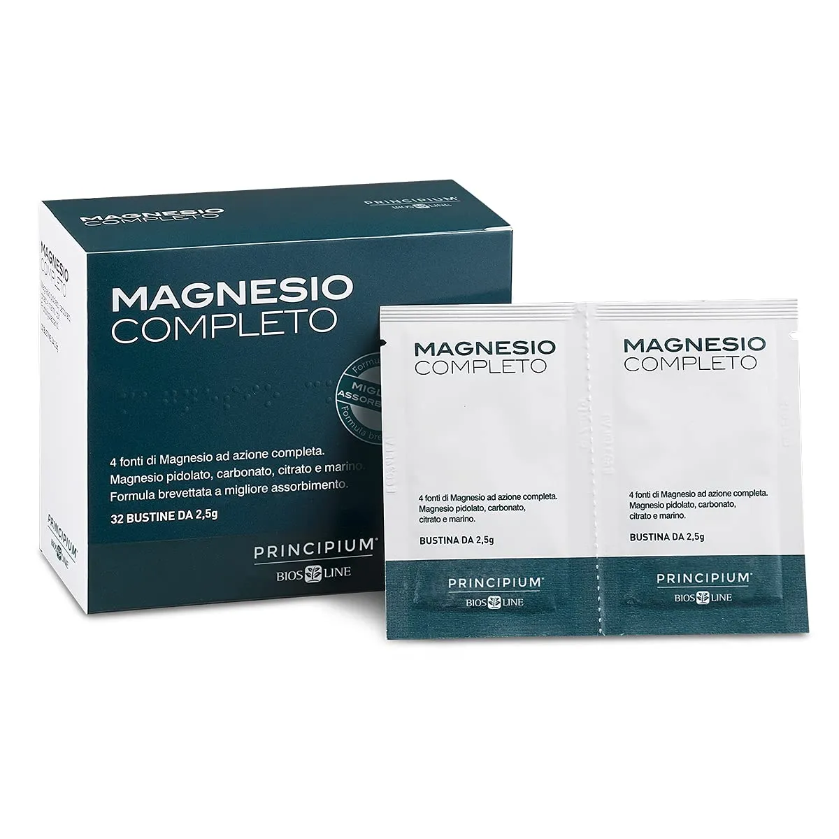 BIOS LINE Principium, Magnesio completo, 4 fonti di magnesio ad azione completa, Integratore anti stress, Senza glutine e senza lattosio (32 Bustine)