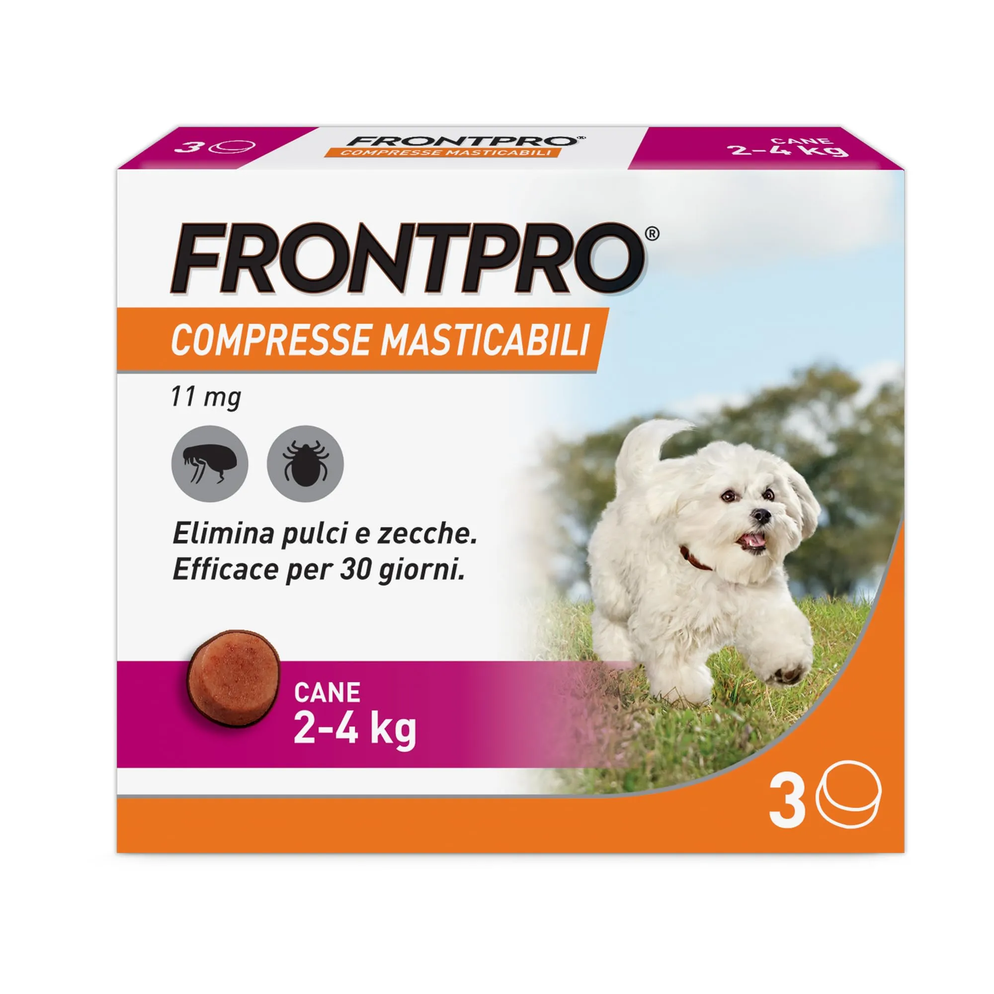 FRONTPRO 3 Compresse Masticabili Antiparassitario per Cani di Peso 2-4 kg Protegge da Pulci Zecca Uova e Larve Antipulci in Confezione da 3 Compresse da 11.3 mg di Afoxolaner