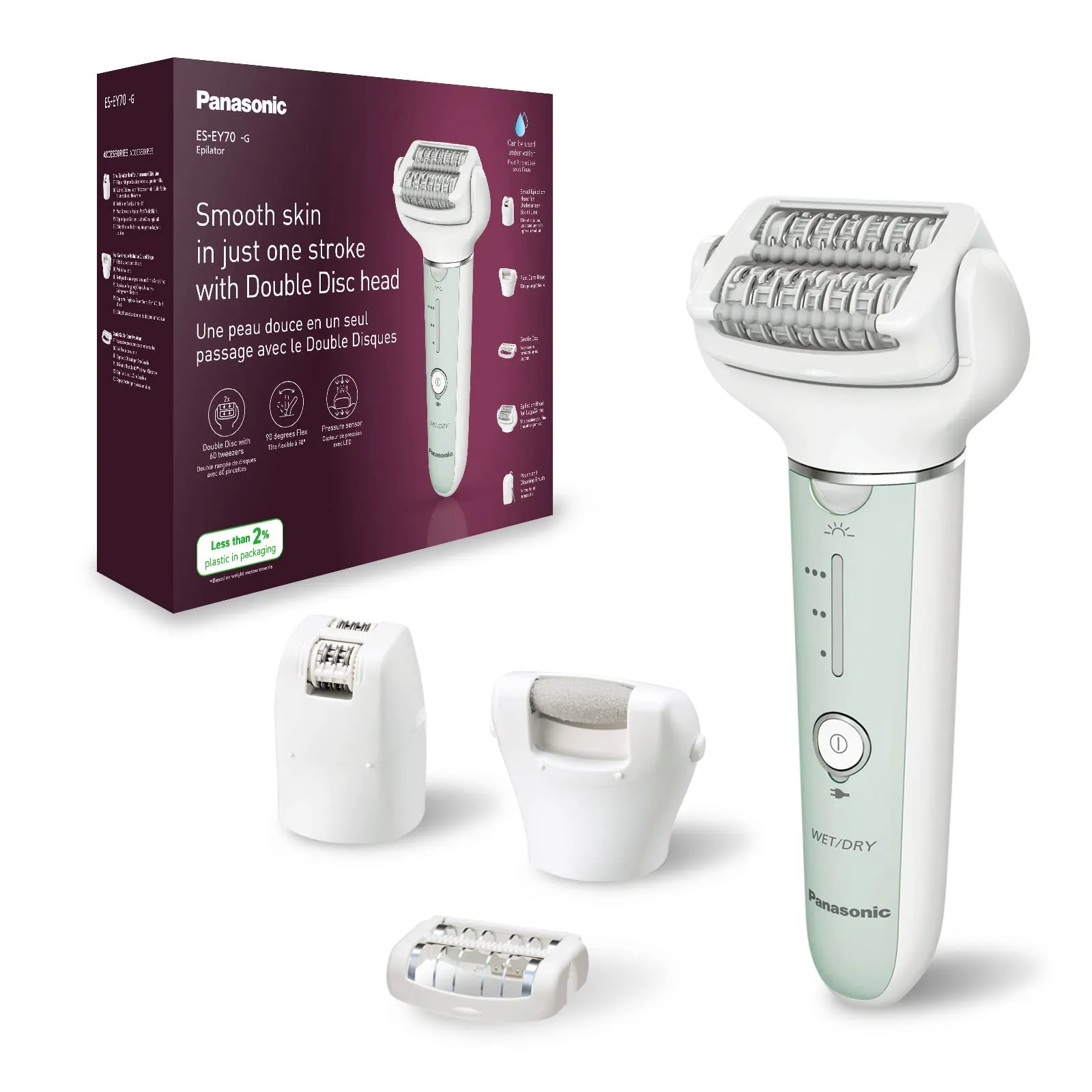 Panasonic ES-EY70-G503 Epilatore Bagnato e Asciutto, Doppio Disco con 60 Pinzette, Testina Flessibile Pivotante a 90°, 3 Impostazioni di Velocità e Luce LED, 30 Minuti di Funzionamento, Cordless
