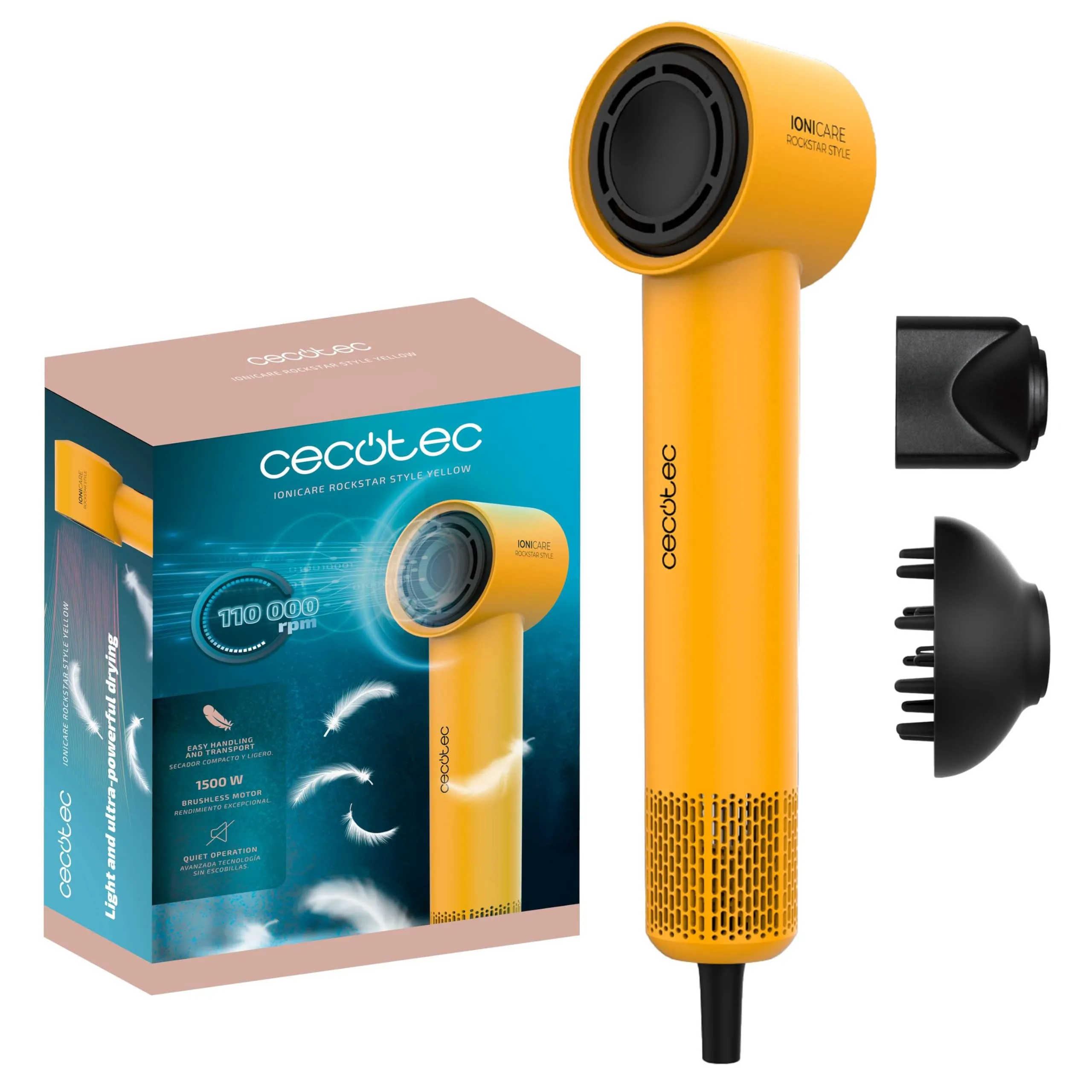 Cecotec Asciugacapelli Ionicare Rockstar Style Yellow. Compatto E Leggero 1500W Con Motore Brushless, 110.000 Rpm, Generatore Di Ioni, Impostazioni Temperatura E Velocità, Design Portatile