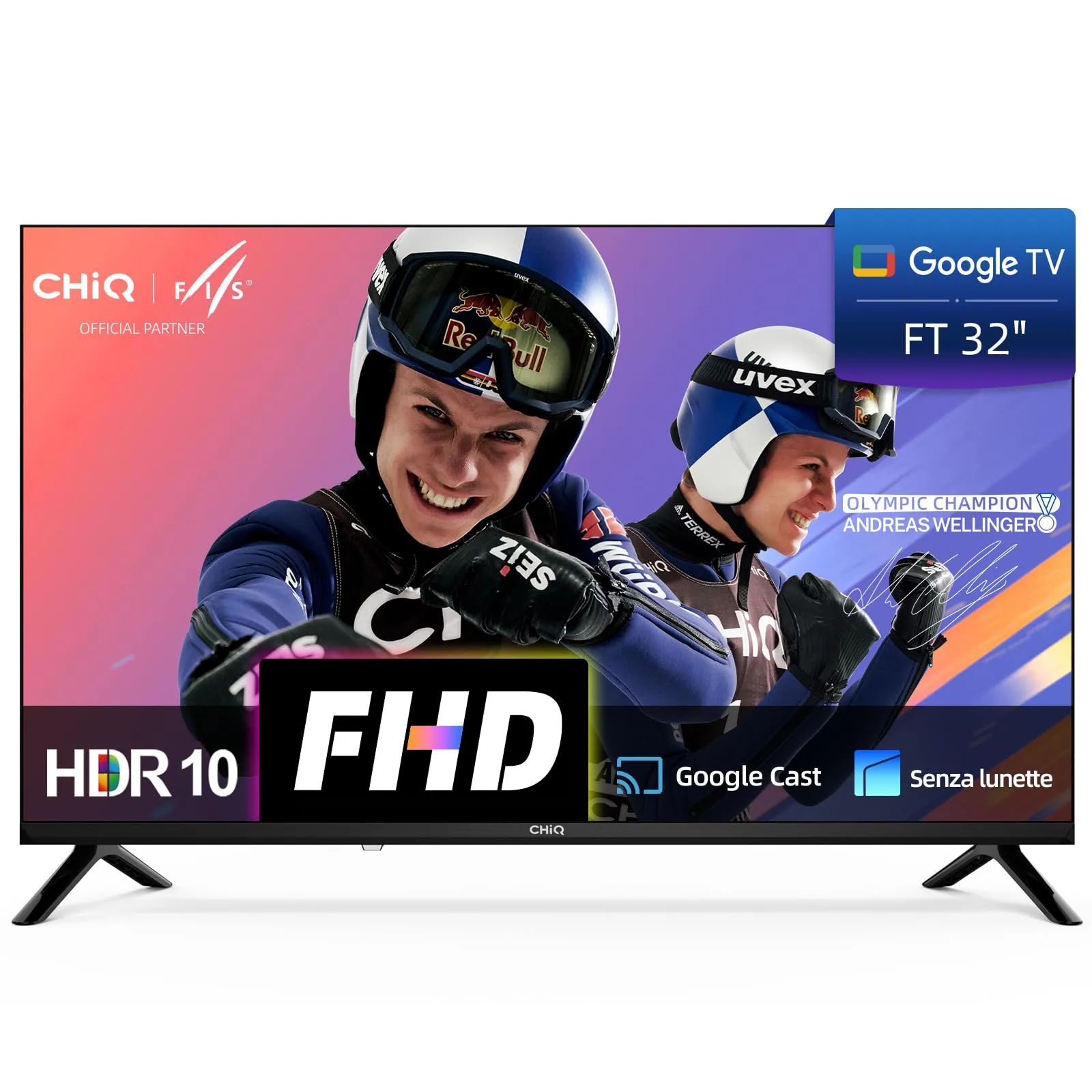 CHiQ LF32FT Smart TV 32pollici (81 cm), Full HD, HDR10, Google TV OS, Dolby Audio & dbx-tv, Tuner Triplo, Chromecast Incorporato, Design Metallico Senza Cornice