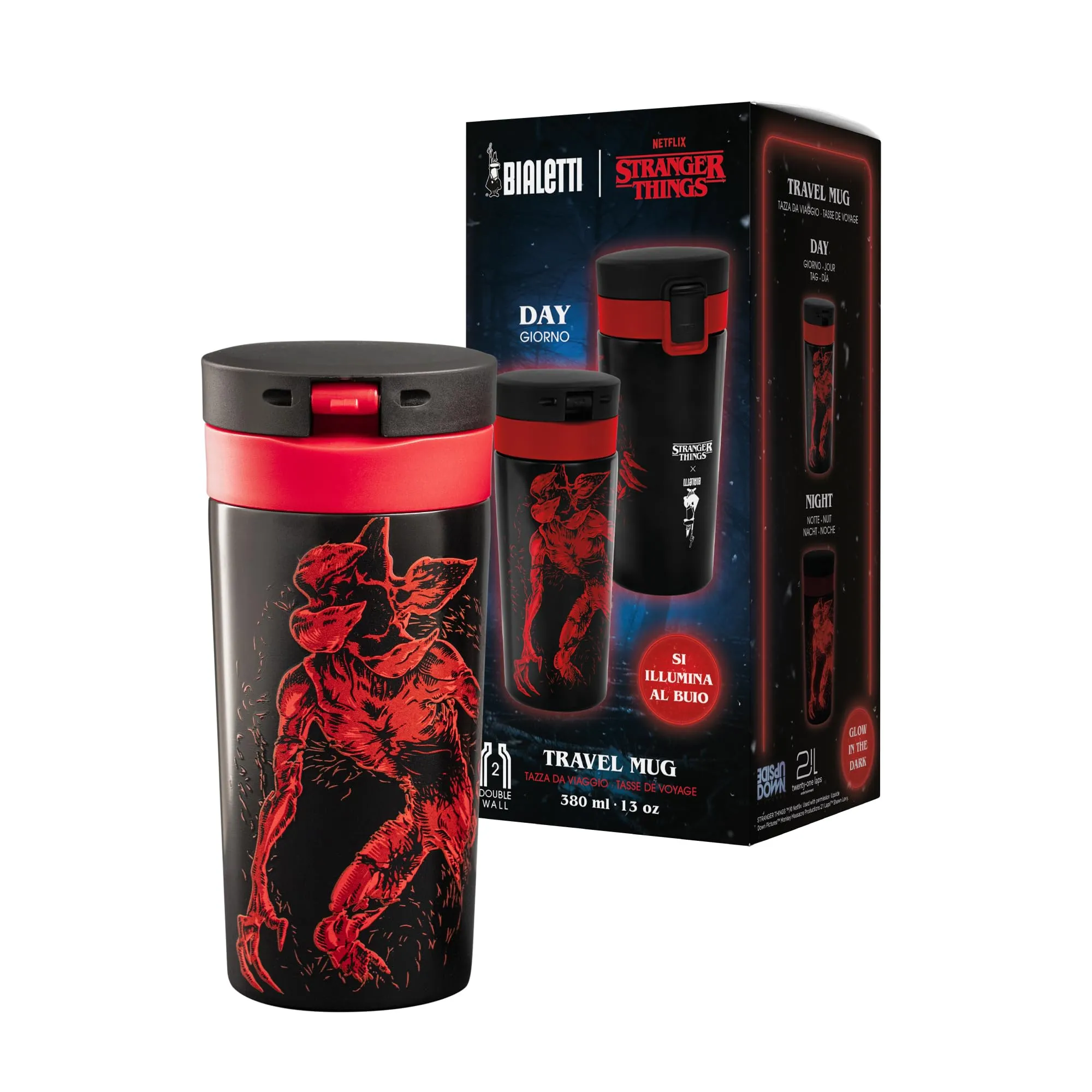 Bialetti Tazza da Viaggio Termica Stranger Things, Si illumina al buio, Perfetta tenuta della temperetura, no Lavastoviglie, 380 ml