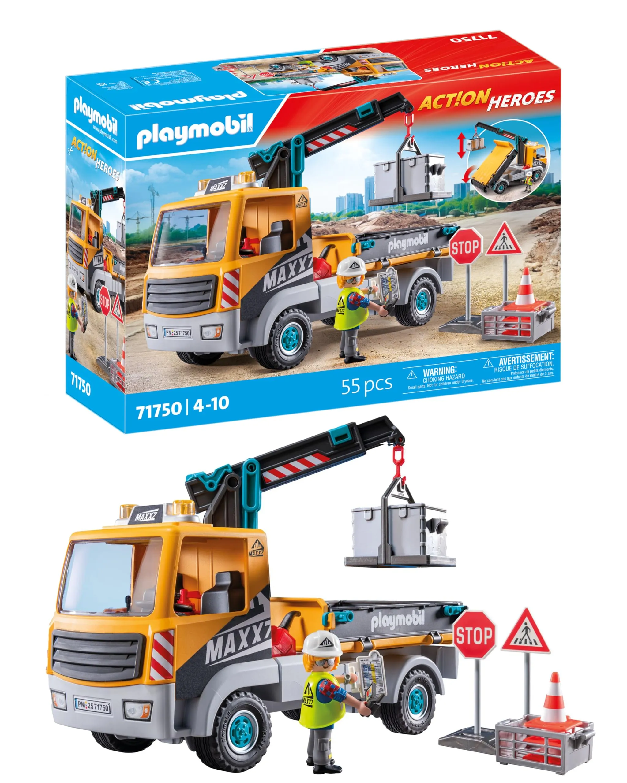 PLAYMOBIL | Action Heroes | Camion da Cantiere con Gru | Giocattolo da Costruzione per Bambini | Set da Cantiere | Giocattolo per Bambini dai 4 Anni | 71750