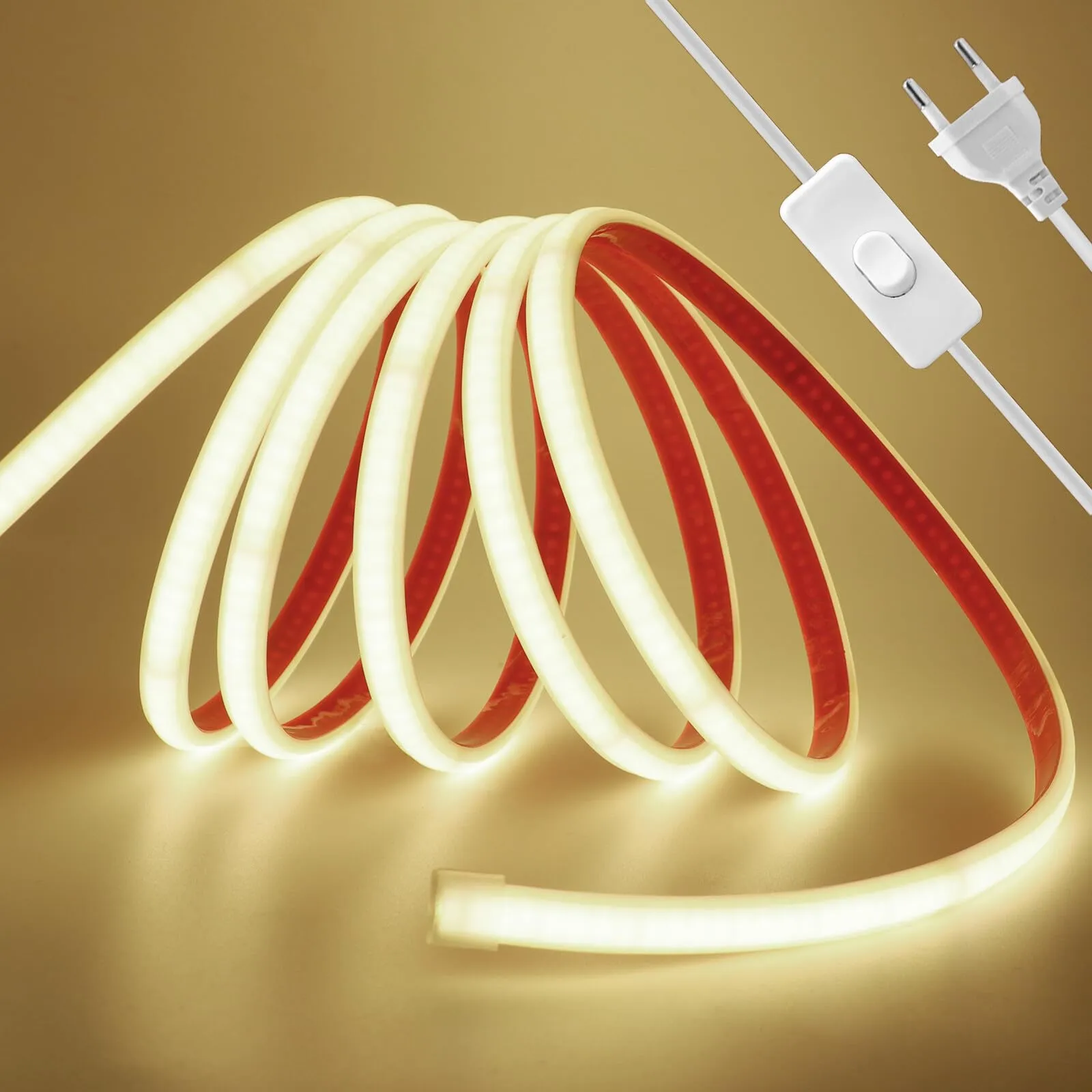 HEGEHE - Striscia LED COB 230V 1m, ogni 10cm può essere tagliato una volta, flessibile impermeabile IP65, striscia neon LED FCOB 240 LED/m 90+, con interruttore [luce bianca naturale 4000K]