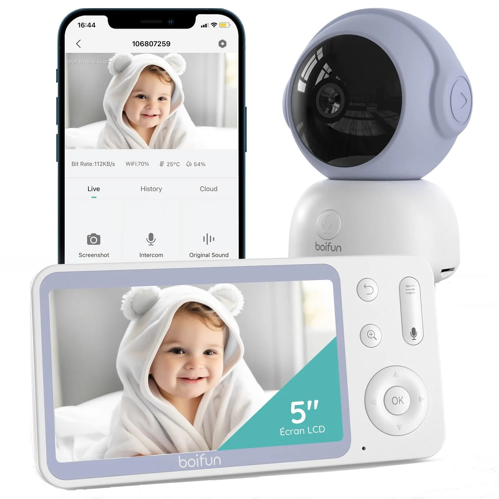 Boifun Baby Monitor 5.5’’ Video Audio con Telecamera 4MP 360° Zoom 4X, WiFi, App controllo fuori casa, AI Intelligente, Audio Bidirezionale, Temperatura & Umidità, Luce Notturna, SD, Batteria 4000mAh