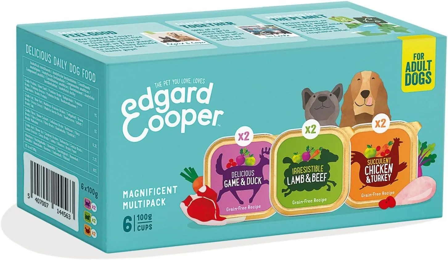 Edgard Cooper Cibo umido per cani, Adulti, Multipack (Pollo/Agnello/Selvaggina 6 x 100g), umido cani, carne fresca e ingredienti naturali, senza cereali, senza zuccheri aggiunti