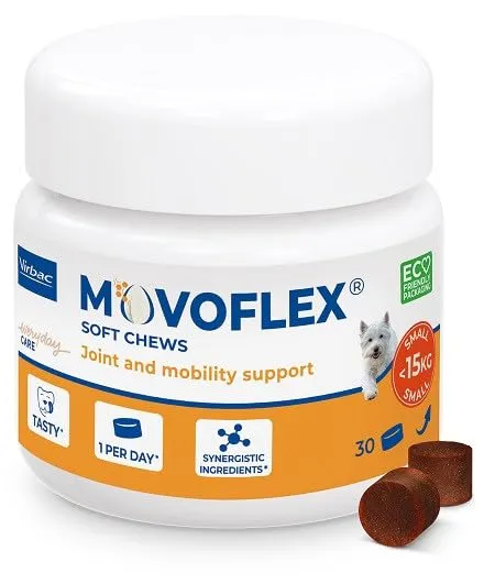 Movoflex Soft Chews | 30 pezzi | Per cani di peso inferiore a 15 kg | Alimento complementare per la salute delle articolazioni | Per il mantenimento delle strutture articolari | Con acido ialuronico