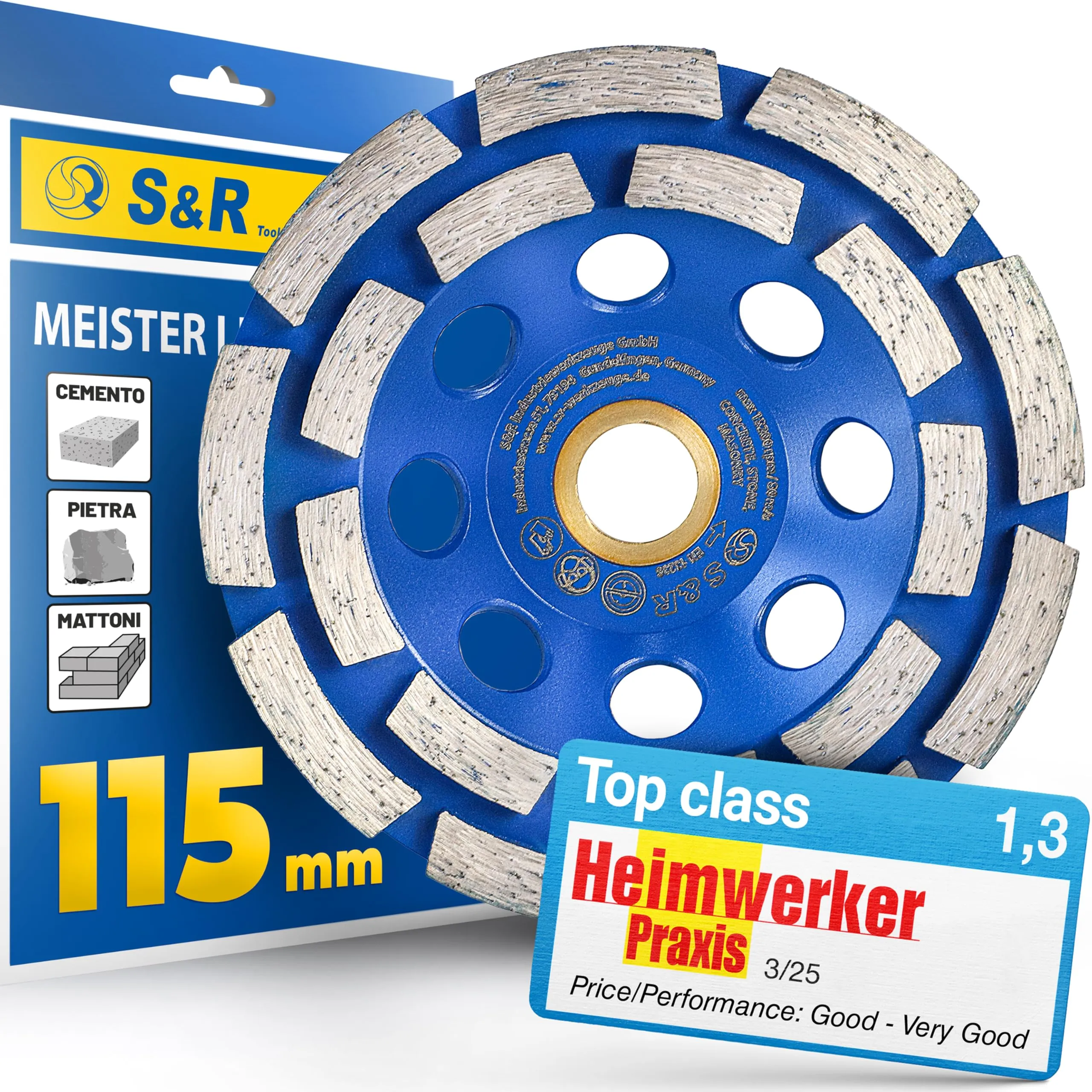 S&R Mola a Tazza Diamantata 115 mm Disco Abrasivo Diamantato 115mm Levigatura Cemento Calcestruzzo Pietra Muratura Mattoni. Mola per smerigliatrici frollini e flex 115mm con anello di riduzione
