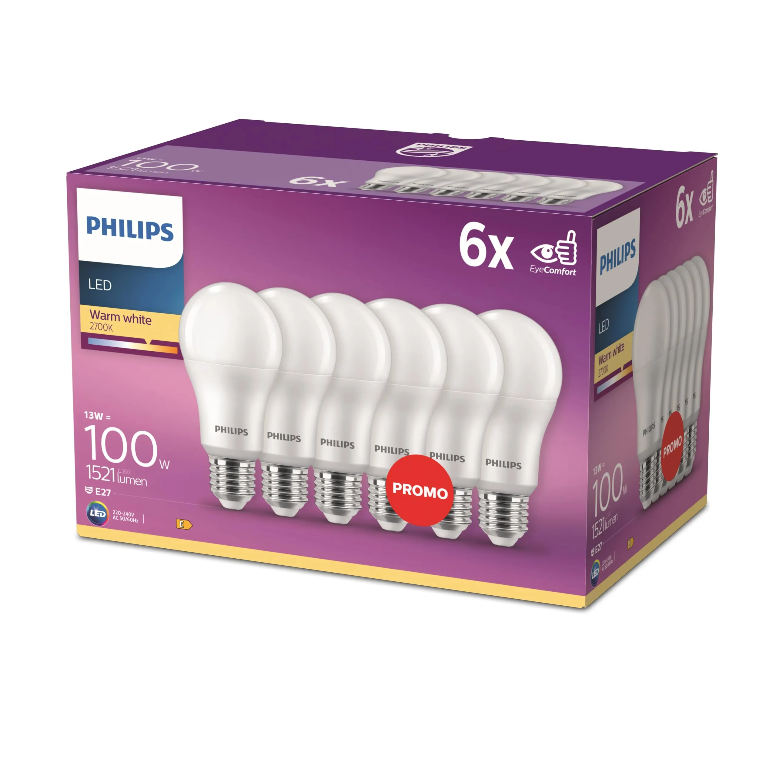 Philips LED Classic E27 confezione da 6 lampade (100 W), lampade LED opache con luce bianca calda, lampade a risparmio energetico con lunga durata