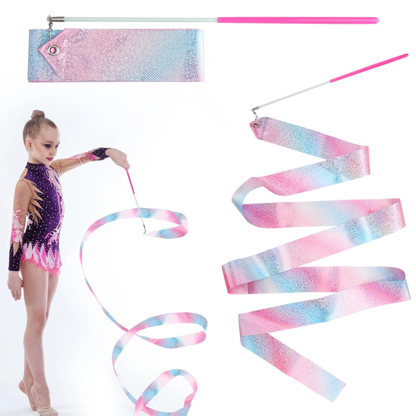 Kit di 2 Nastro Ginnastica Ritmica Bambina, Nastro Danza Ritmica Bambina, Lunghezza 2 Metri, Colore Rosa con Maniglie - Perfetti per Allenamenti e Spettacoli