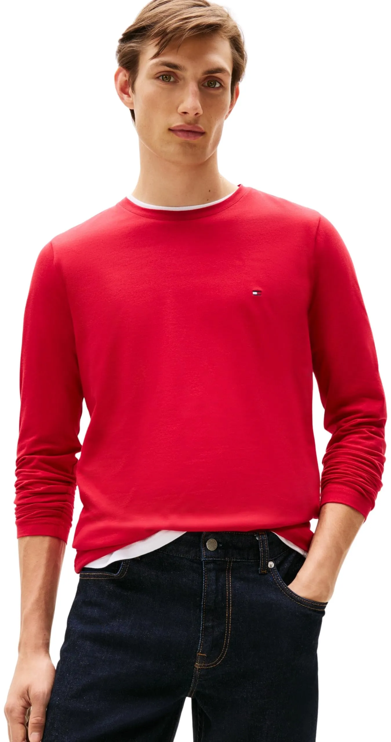 Tommy Hilfiger Uomo Maglietta Maniche Lunghe Stretch Slim Fit Cotone, Multicolore (Medium Red), S