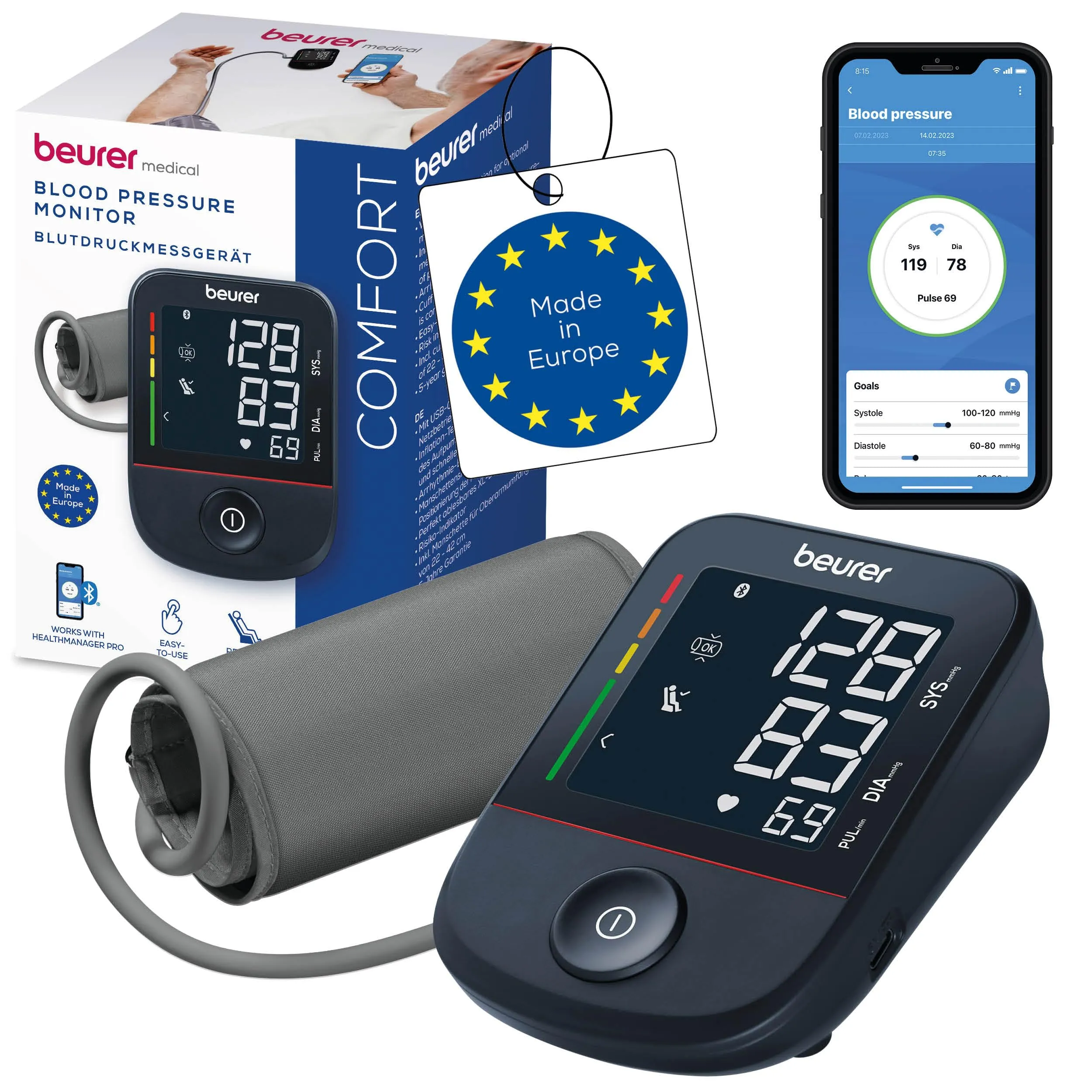 Beurer BM 48 Misuratore di pressione da braccio, funzionamento semplice con un pulsante, misurazione delicata e veloce, rilevamento aritmia, polsino 22-42 cm, con app, trasferimento dati Apple Health