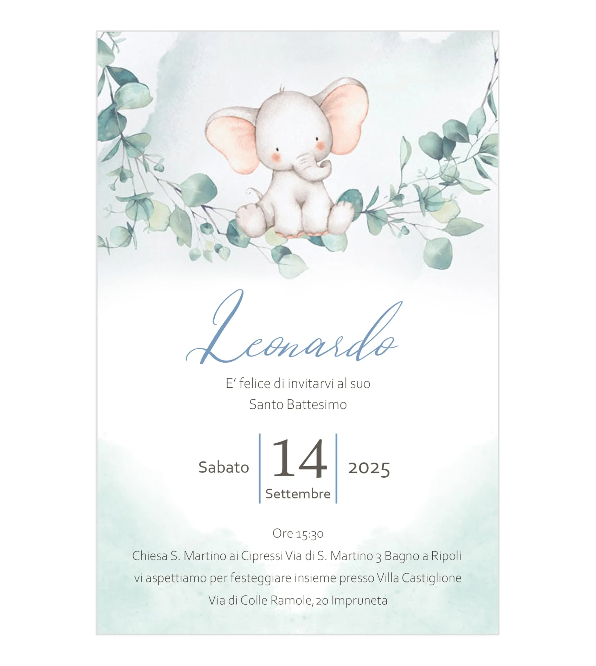 Inviti battesimo elefantino - partecipazioni battesimo bimbo azzurro 10 biglietti 12x18 centimetri