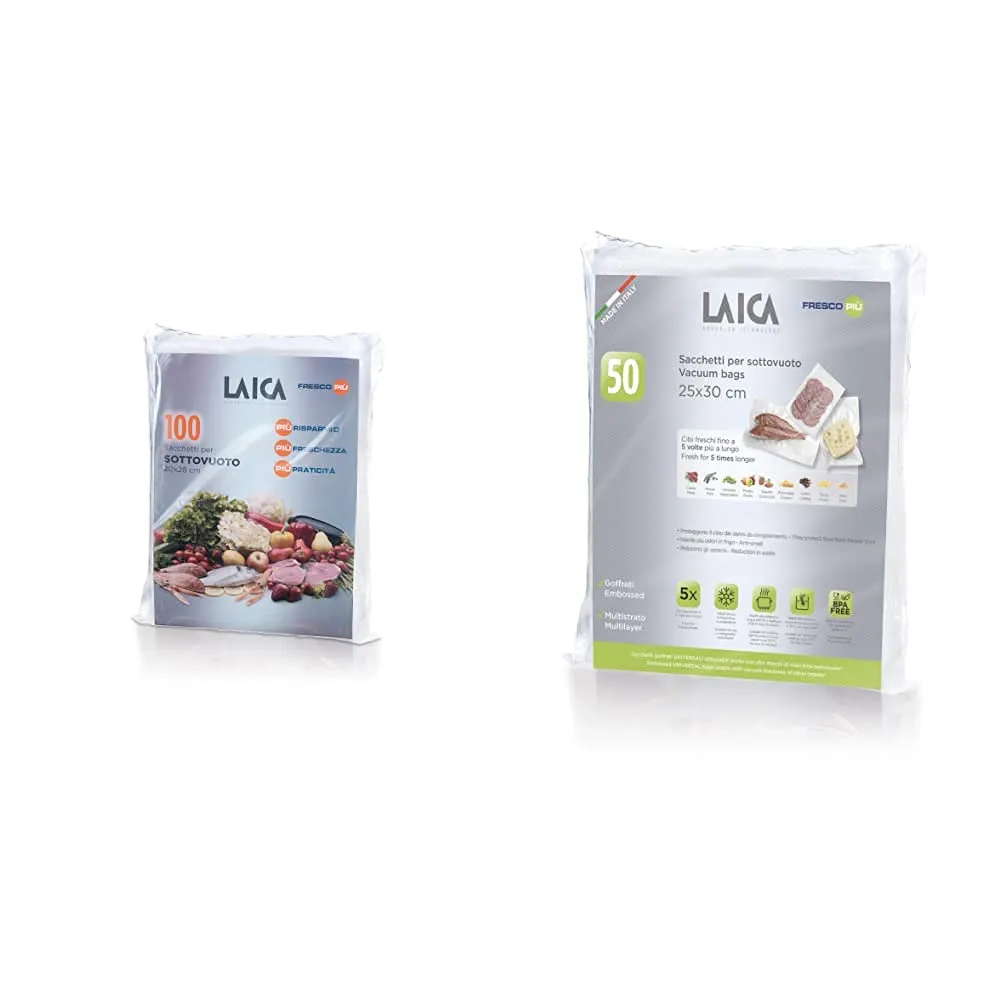 Laica Vt3501 Confezione Da 100 Sacchetti Sottovuoto Per Alimenti Formato 20 X 28 Cm & Vt3510 Confezione Da 50 Sacchetti Sottovuoto Per Alimenti Formato 25 X 30 Cm