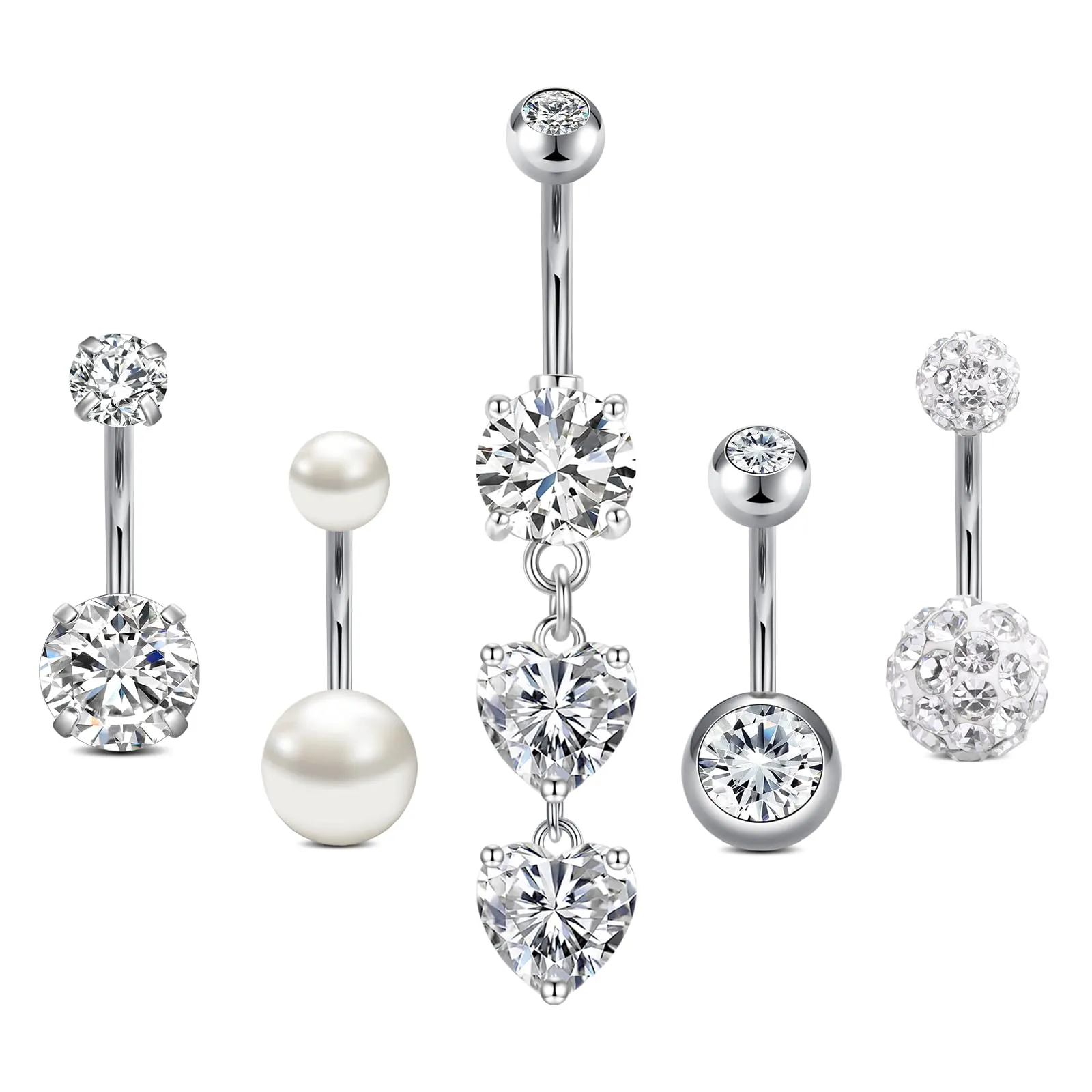 AceFun 14G Piercing Ombelico Acciaio Inox Argento 10mm - 5 Pezzi Corto Cuore Piercing Ombelico Acciaio Chirurgico Donne