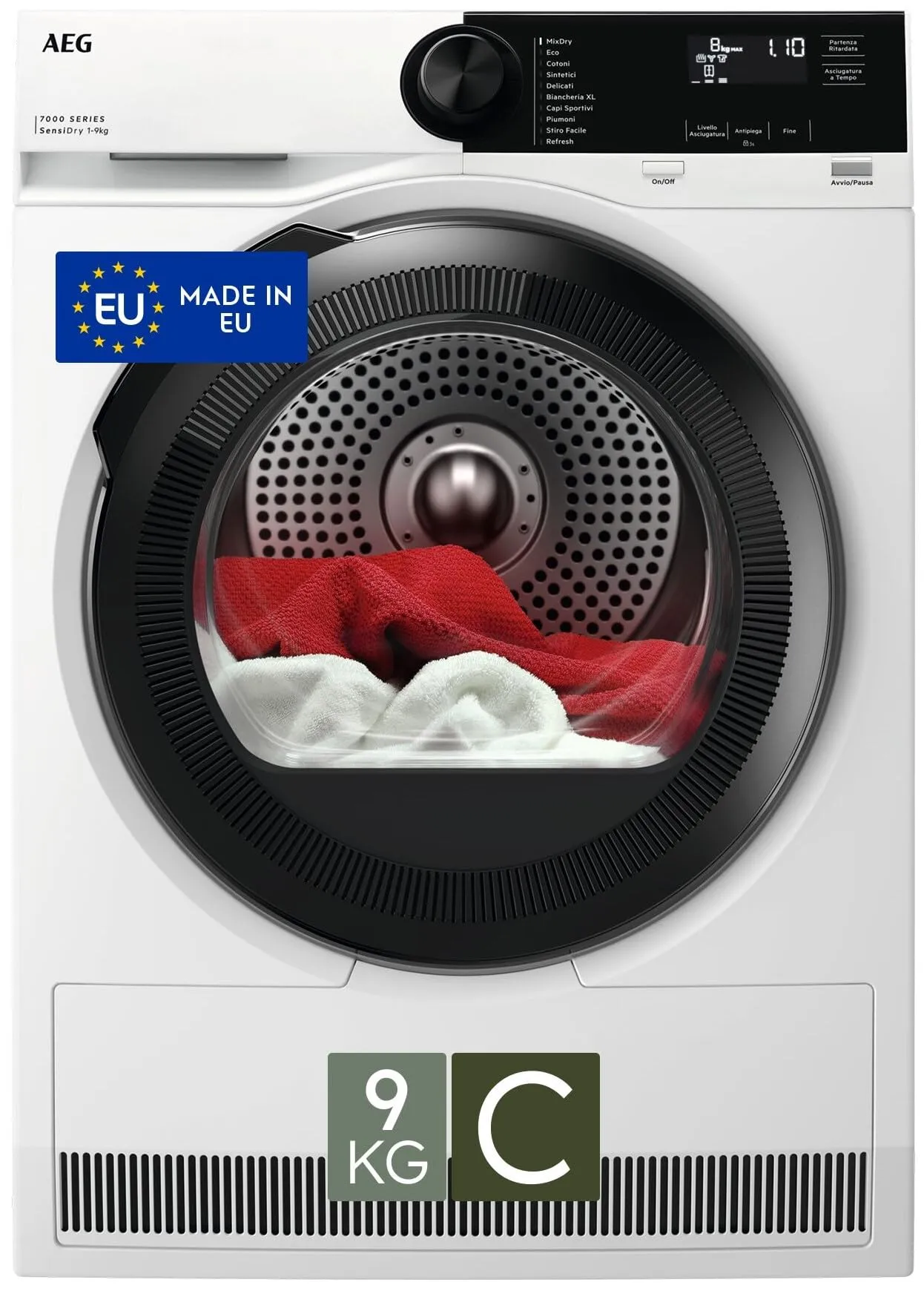 AEG Serie 7000, Asciugatrice a Pompa di Calore, 9 kg, TR7HE9C, Tecnologia SensiDry, Classe C, MixDry per Cotoni e Sintetici, Tecnologia PreciseDry per Risparmio Energia, 64 dB, 850x596x636 mm