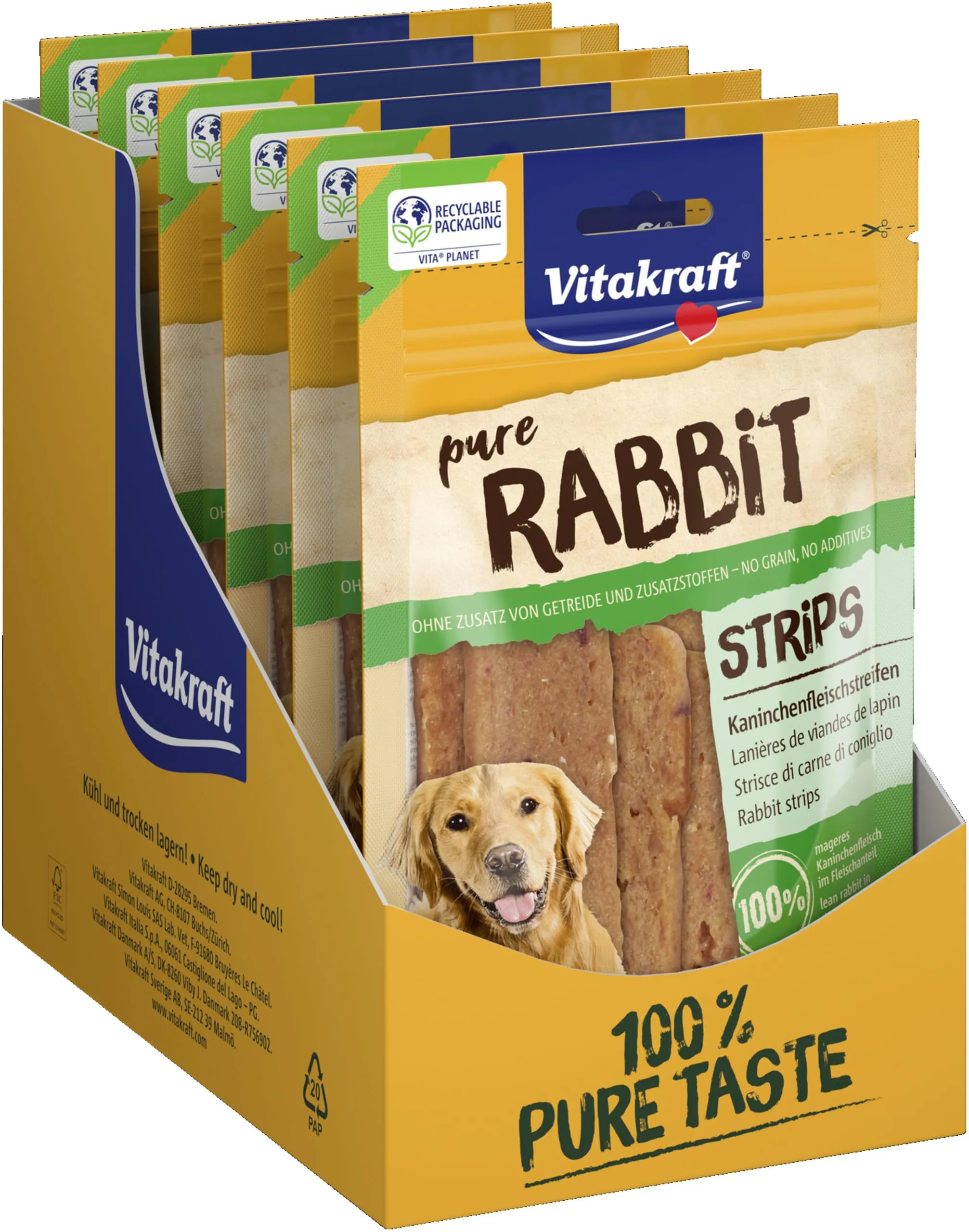 Vitakraft Snack di carne, strisce di carne di coniglio, senza cereali, con carne di coniglio magra, ideale come ricompensa per mezzo, senza aggiunta di zucchero (10 x 80 g)