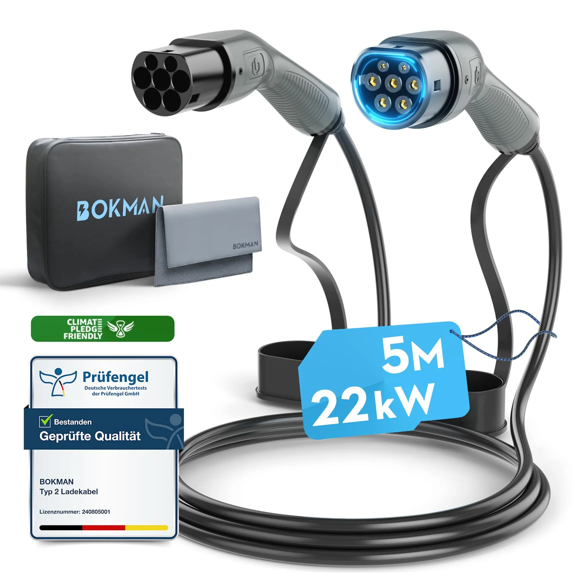 bokman Cavo Ricarica Auto Elettrica Tipo 2, 22 KW / 5 Metri / 32A / 3 Fase/modalità 3, Cavo Tipo 2 con Borsa per Il Trasporto Applicabile a 500e/Model Y/3/Primavera/ID.3/ID.4/e-208