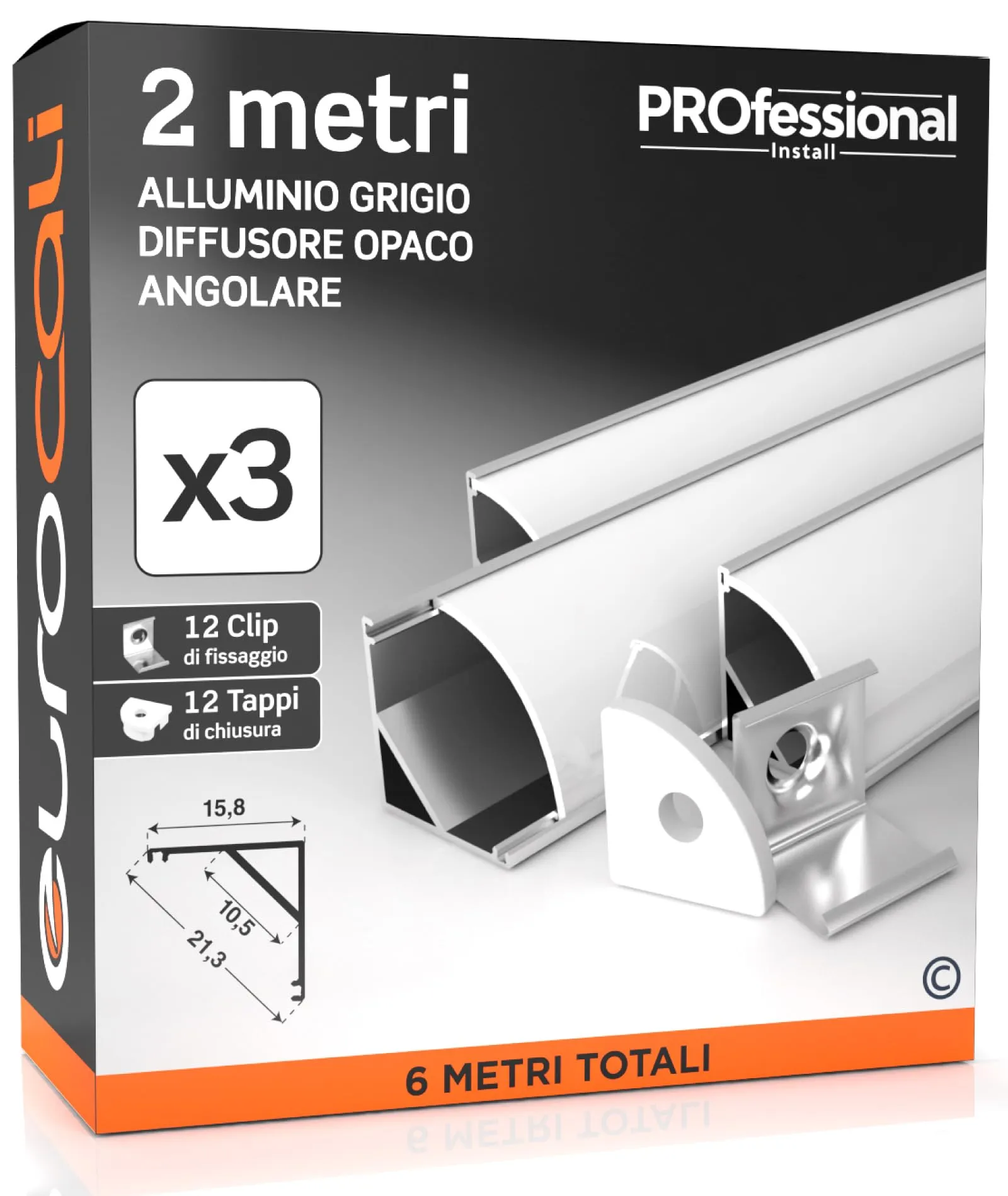 3x Profili Angolari da 2 metri (6mt) in Alluminio per Strisce LED Schermatura Opaca Angolo 45° ingombro max striscia led 10.5mm - 15.8 x 15.8