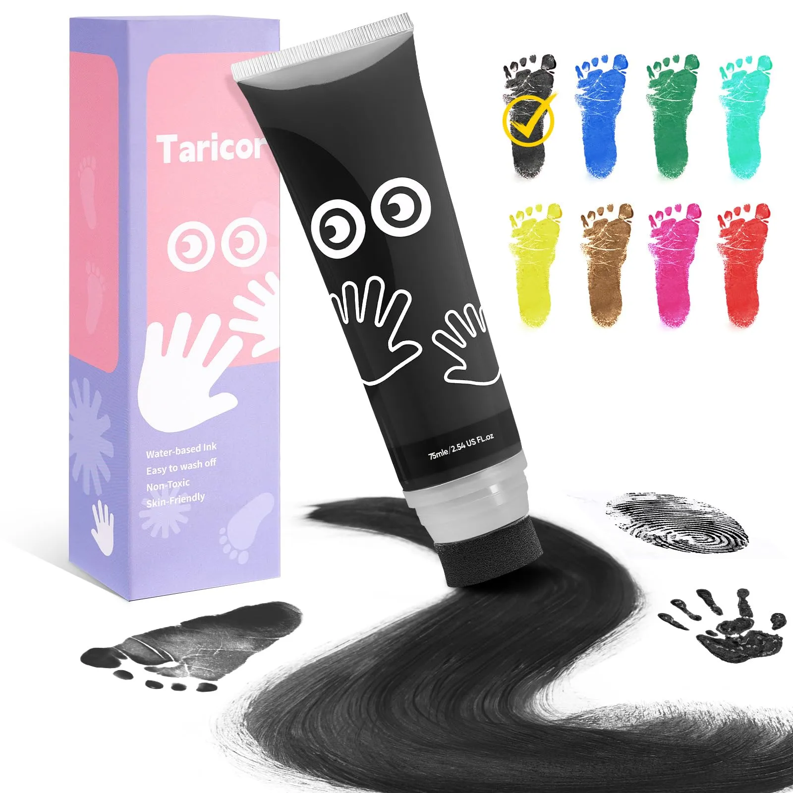 Taricor Impronta Mani e Piedi, 75ml Inchiostro per Impronte Con Attacco Spugna, Kit Impronta Bambino per Regalo Battesimo Bimbo, Artigianato Familiare, Regalo di Natale (Nero)
