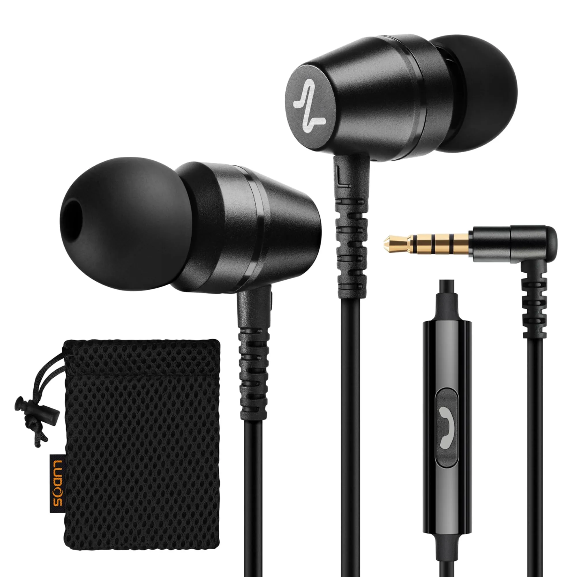 LUDOS OMNITONE Auricolari In-Ear Cuffie, Cuffiette con Filo e Microfono, 5 Anni di Garanzia, Cuffie Isolamento Acustico, Cuffiette Cellulare, Jack 3,5 mm per iPhone, Apple, Samsung, Huawei - Nero