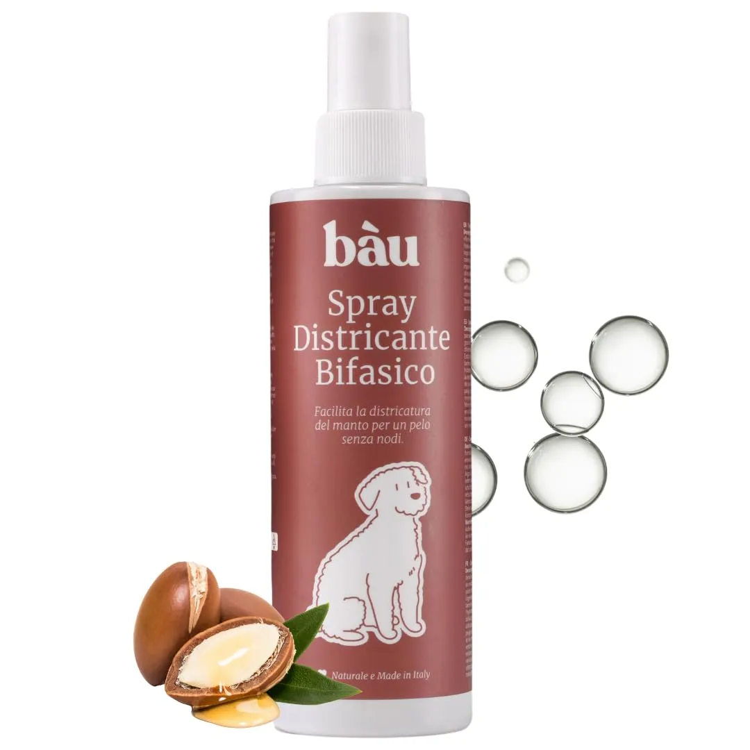 Bau Cosmesi Spray Sciogli Nodi Pelo Cane e Gatto - Districante Bifasico con Acido Ialuronico e Olio di Argan - Ideale come Scioglinodi Cani e Gatti a Pelo Lungo - Pelo Luminoso e Sano (200ml)
