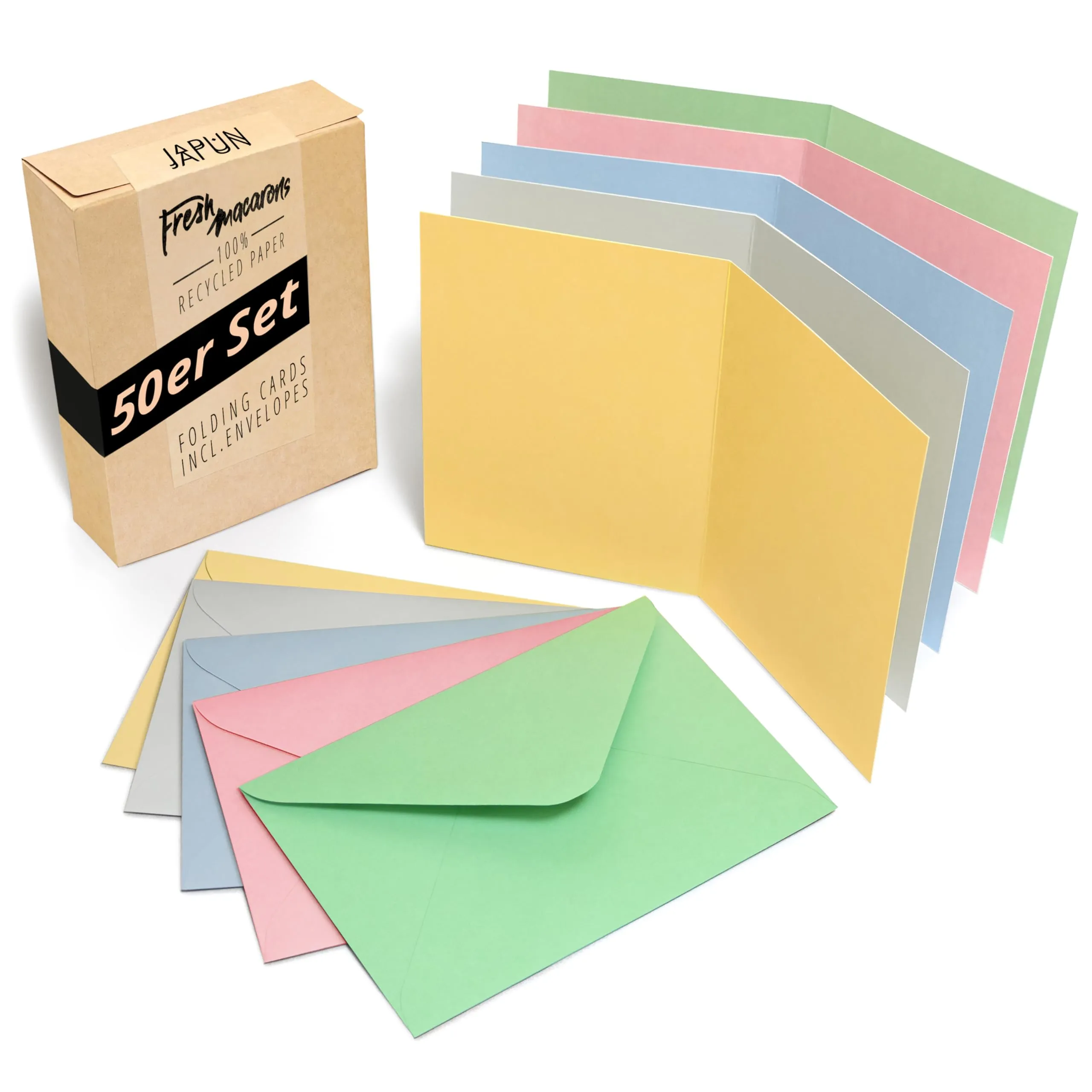 Japun - Set di 50 biglietti pieghevoli vuoti comprese buste, carte pieghevoli da progettare, etichettare o stampare - DIN A6 / C6 - mix pastello colorato