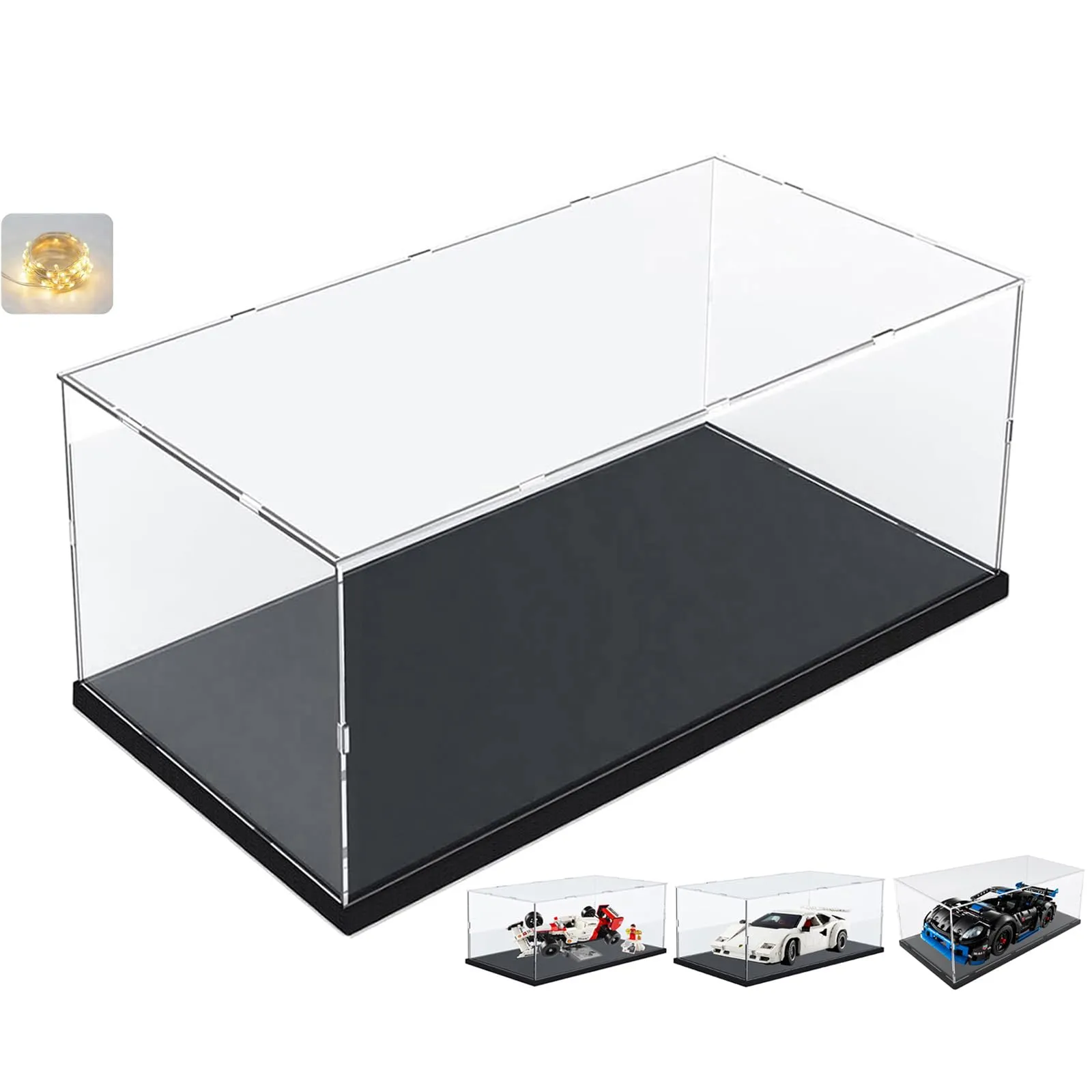 Addensato Teca Plexiglass Acrilico Vetrina Espositiva per Lego 10330 43268 10353 76450 10295 42170 Collezionismo, Vetrinetta Trasparente Scatola con Led Base in Legno-plastica, Interno Nero 40x20x20cm