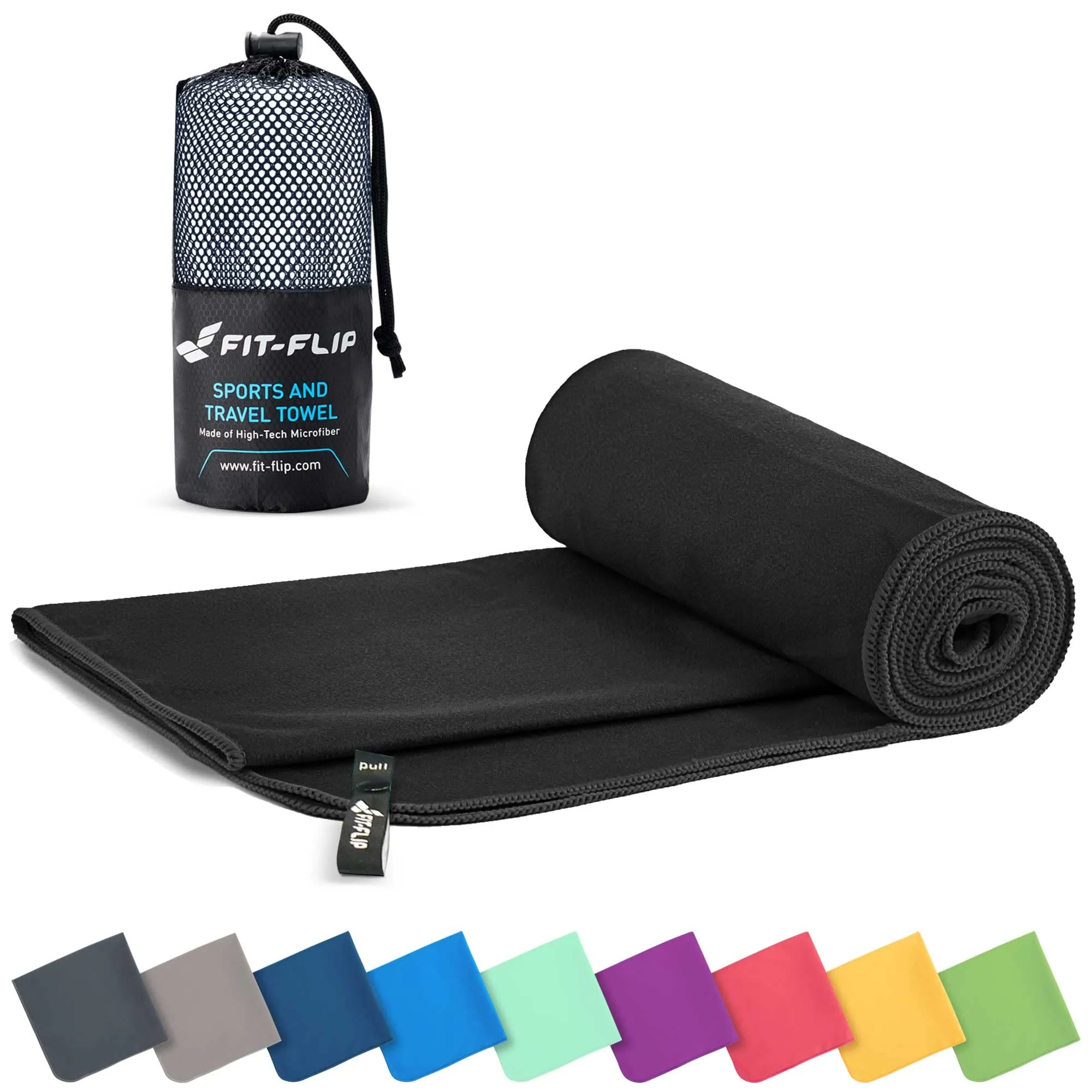 Fit-Flip Asciugamano microfibra - asciugamano palestra compatto e ultraleggero - asciugamani microfibra - il perfetto telo mare microfibra grande - per viaggio e sport (80x160cm nero)
