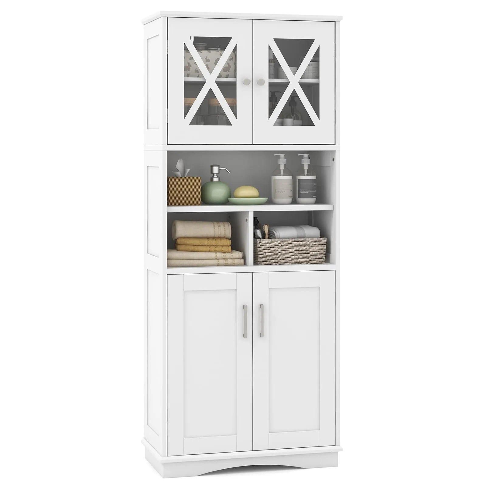 COSTWAY Mobile Bagno, Armadietto Salvaspazio con Porte in Acrilico, Ripiani Regolabili e Ampio Scomparto, Armadio da Terra in Legno per Soggiorno, Camera da Letto, Salotto e Cucina (Nero)