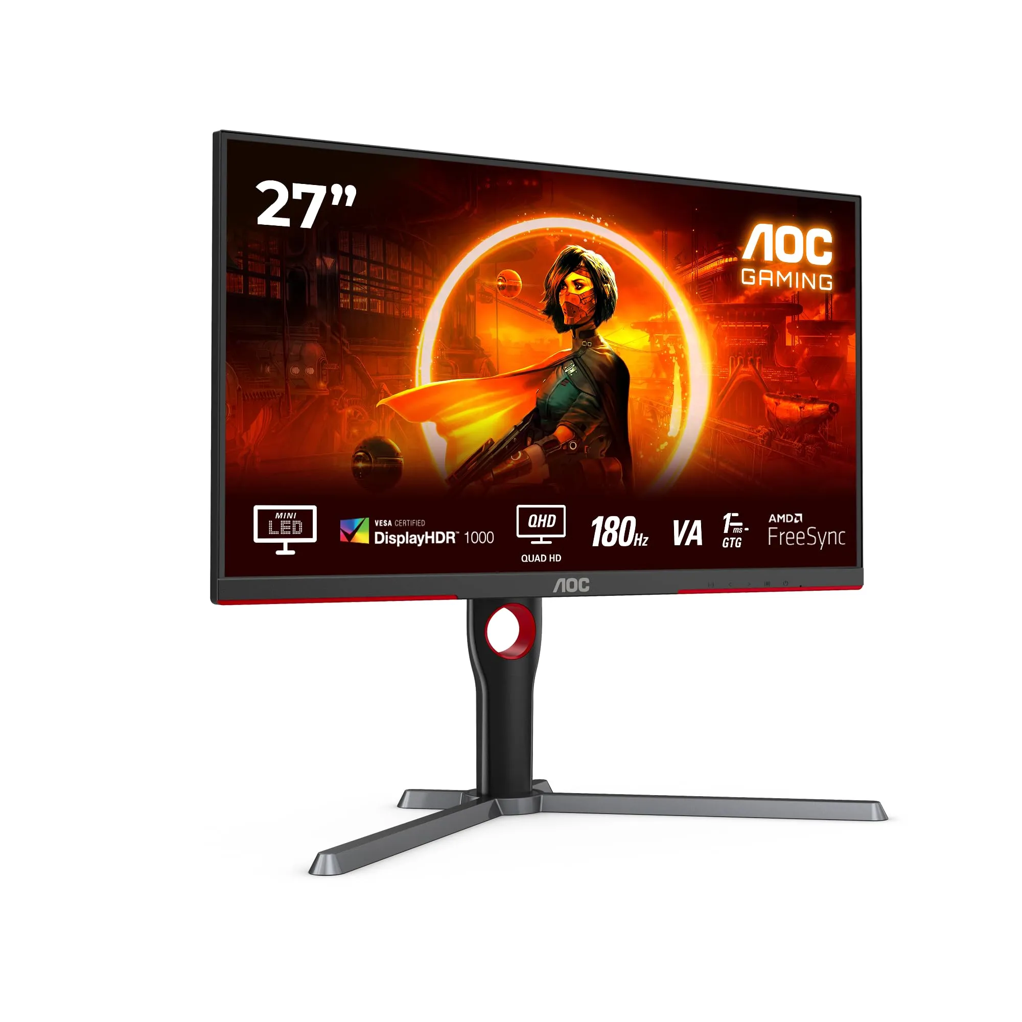 AOC Gaming Q27G3XMN - QHD Monitor da 27 pollici, 180 Hz, FreeSync Prem. Pro., HDR1000 (2560x1440, 1 ms GtG, HDMI, Display Port) nero-rosso